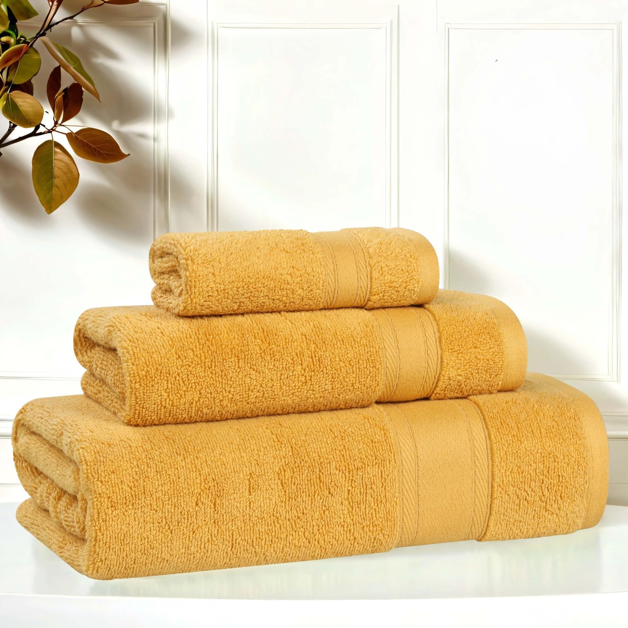 Belmont Zero Twist Cotton Medium Weight Towels, for Guest Bath, Bathroom, Shower, Spa, Plush, Quick Dry, Ultra-Soft Towels, Bath Essentials, Thick Border, 3 Piece Assorted Towel Set, Gold