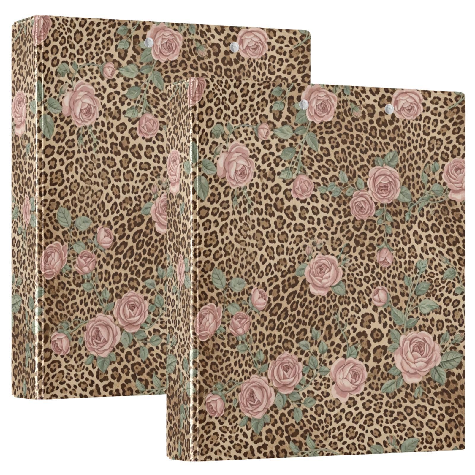 Raccoglitore a tre anelli con stampa leopardata, motivo rose vintage, 3,8 cm, con portablocco, confezione da 2