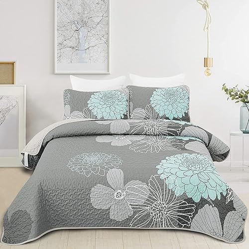Yiran Juego de edredón floral gris aguamarina tamaño King, juego de ropa de cama botánico de verano de 3 piezas, colcha ligera con estampado de