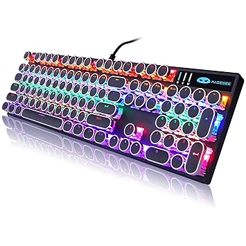 Typewriter Style Mechanical Gaming Keyboard, Black Retro Punk Gaming Keyboard with RGB Backlit, 104 Keys Blue Switch Wired Cute Keyboard, Round Keycaps for Windows/Mac/PC