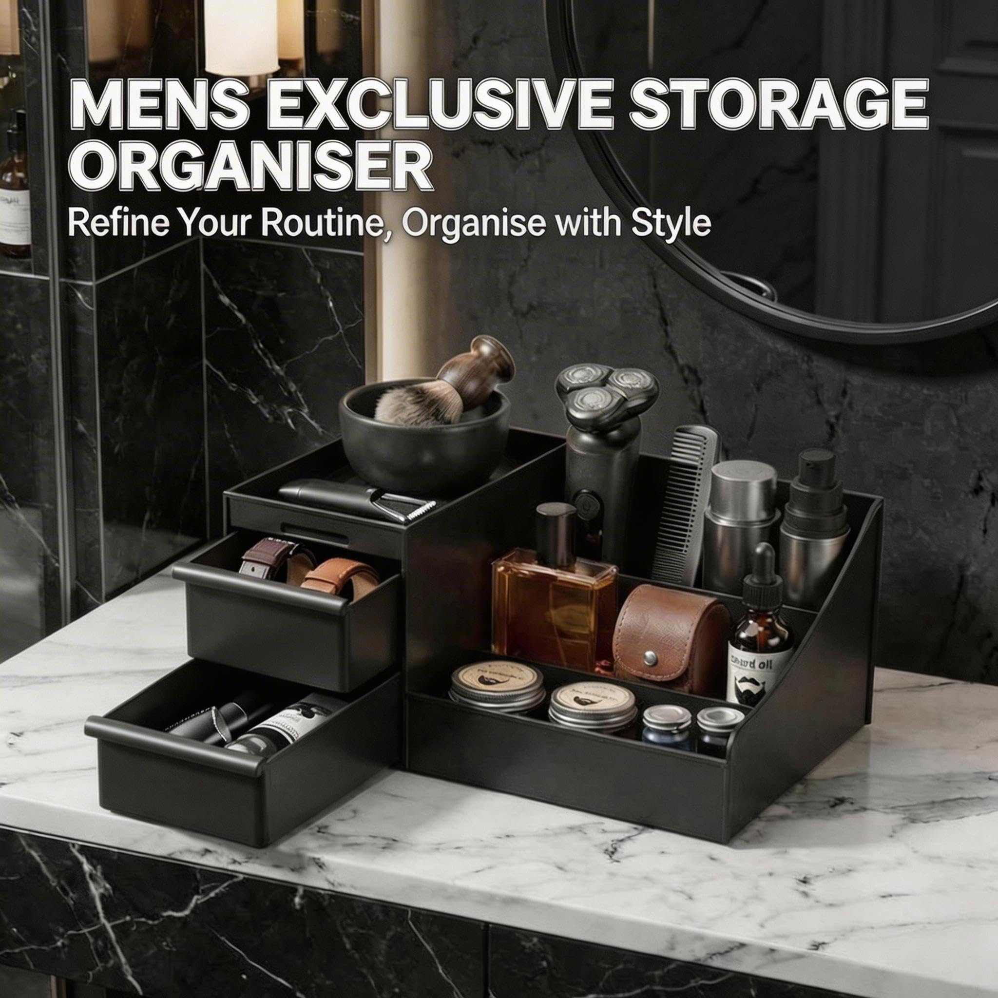 Bingobang Organizer per trucchi da uomo, grande organizer nero per cosmetici con cassetti, supporto per profumi da toeletta, organizer per la cura della pelle, per dopobarba, lozioni da barba, bagno e