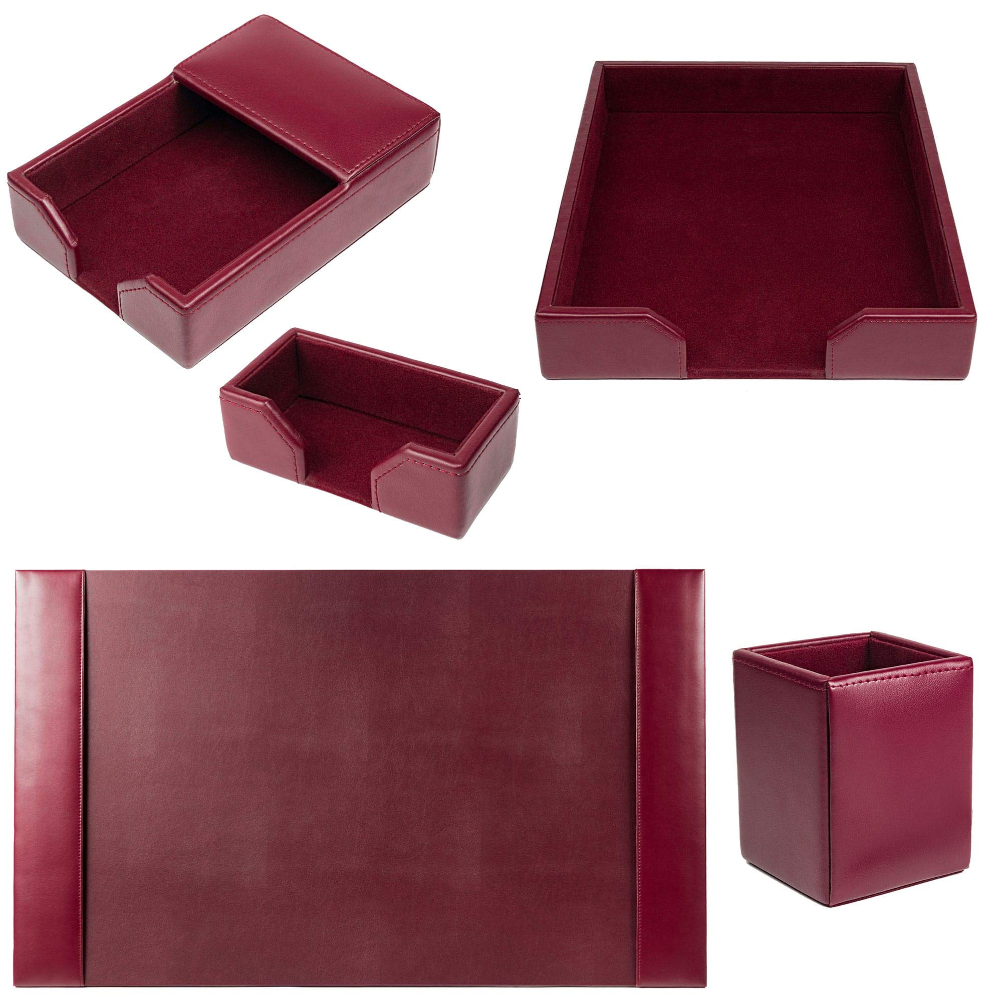 DACASSO Set da scrivania in pelle rigenerata, con sottomano e base in pelle di lusso (bordeaux, 5 pezzi)