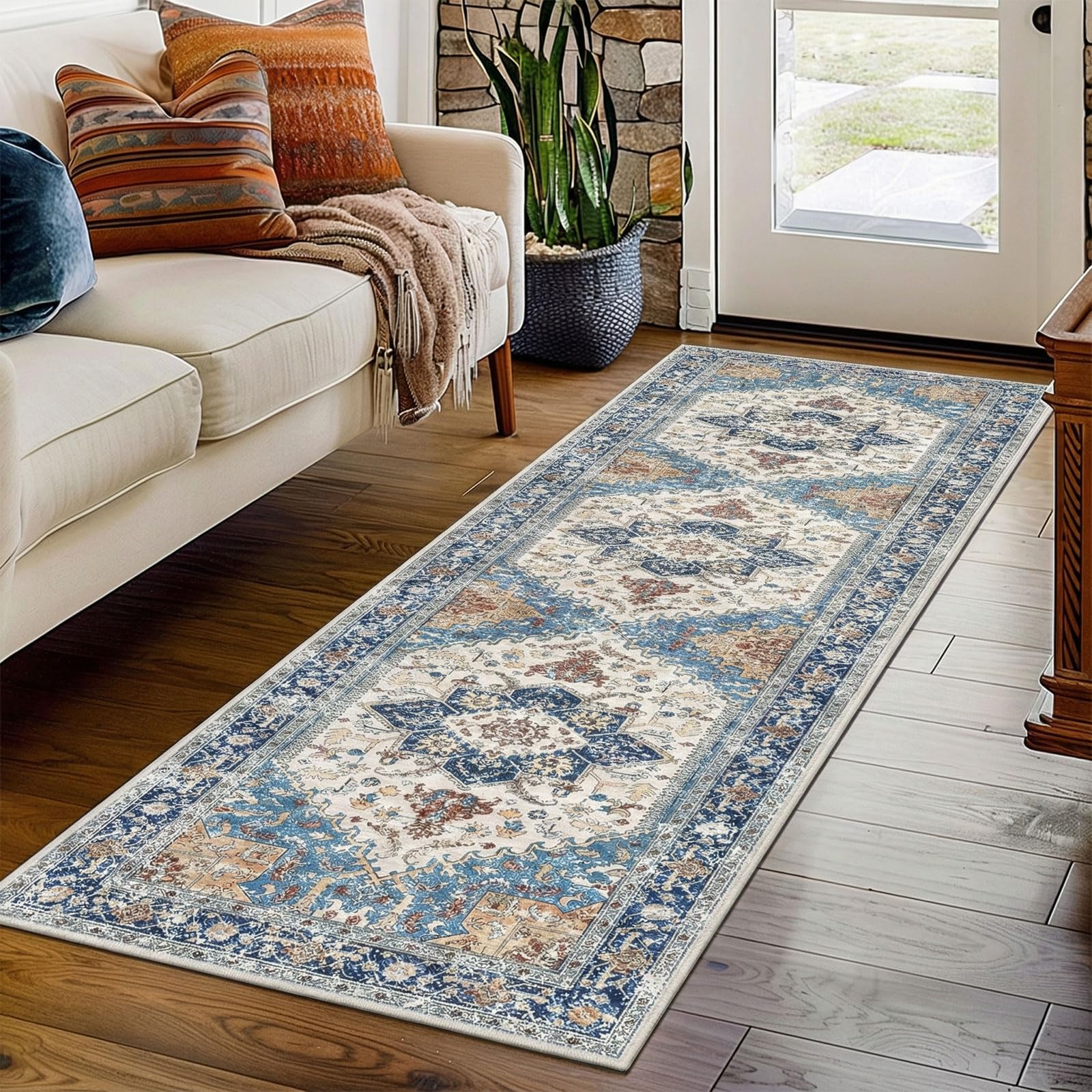 Hallway Runner Rug 60x180cm- Kitchen Rugs Washable Non-Slip Long Carpet Runners for Hallways, Soft Vintage Persian Floor Carpet Runner Rugs, Low Pile Runner for Entryway Bedroom Living Room Beige Blue