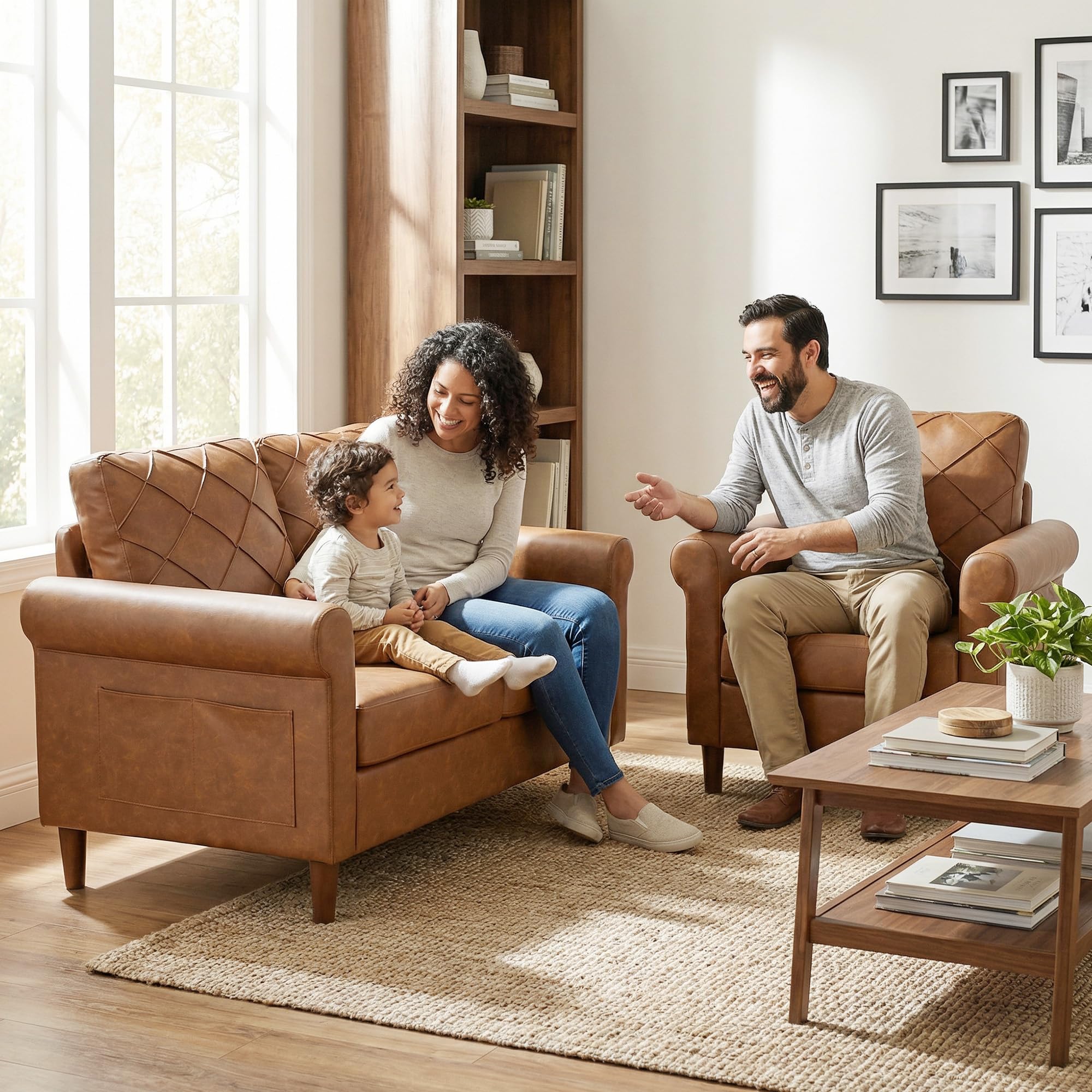 HOMCOM Sofá de 2 Plazas Sofá Moderno Tapizado en PU 134x71x82 cm Marrón | Cojín Grueso, Respaldo con Costuras, Asiento Amplio, Patas de Madera Maciza, Salón, Dormitorio, Oficina