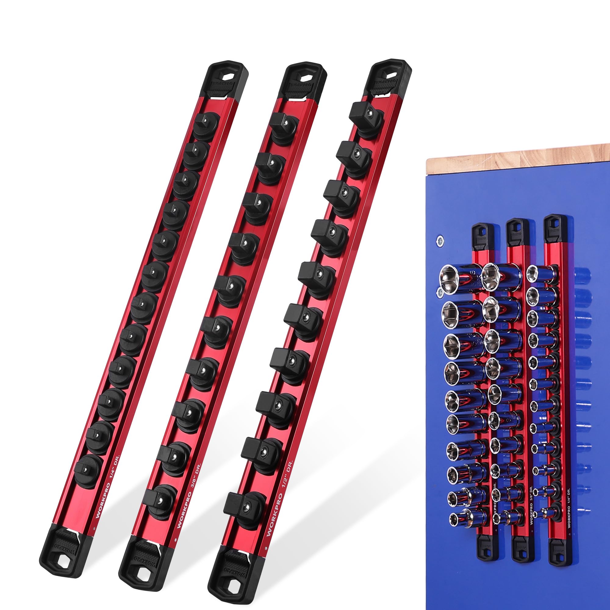 WORKPRO Magnetic Socket Organizer Set, 3-Piece 1/4” 3/8” 1/2” Socket Rails