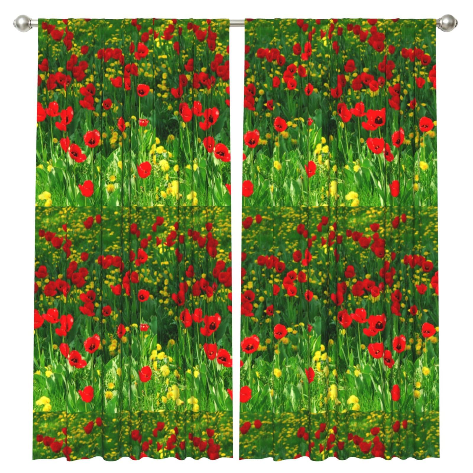 InOmak Red Poppy Field Farm Meadow Landscape Print, 2 Panels Window Curtains 52 x 84 Inch Blackout Curtains for Living Room Bedroom