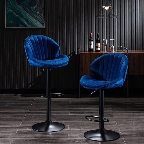 TTK Juego de 2 taburetes de bar, taburetes de bar ajustables con parte trasera tapizada de terciopelo, sillas de bar giratorias modernas de mediados