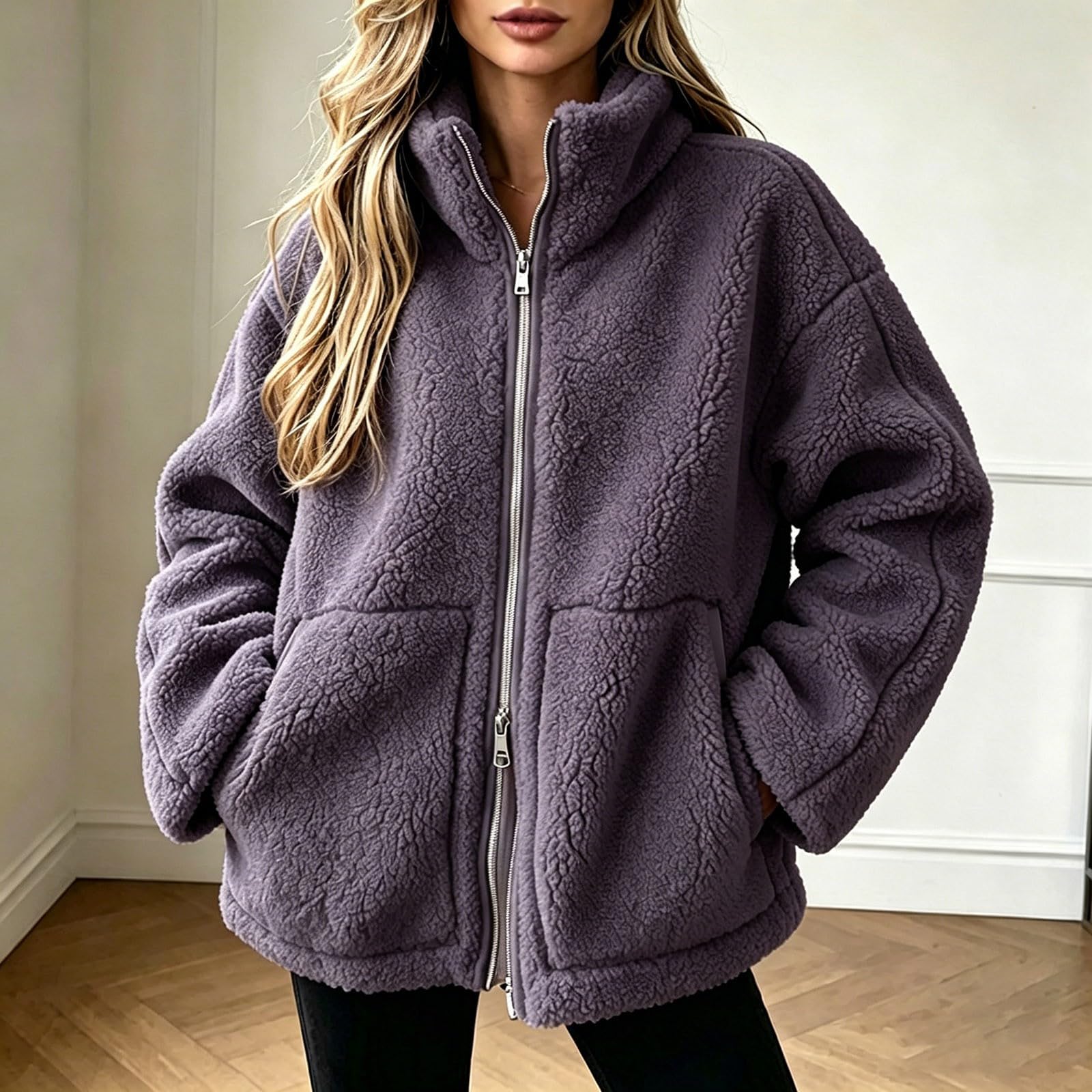 Generisch Teddyjacke Damen mit Kapuze, Fleecejacke Damen Einfarbig Fleece Jacke Reißverschluss Oversize Winterjacke für Herbst Winter