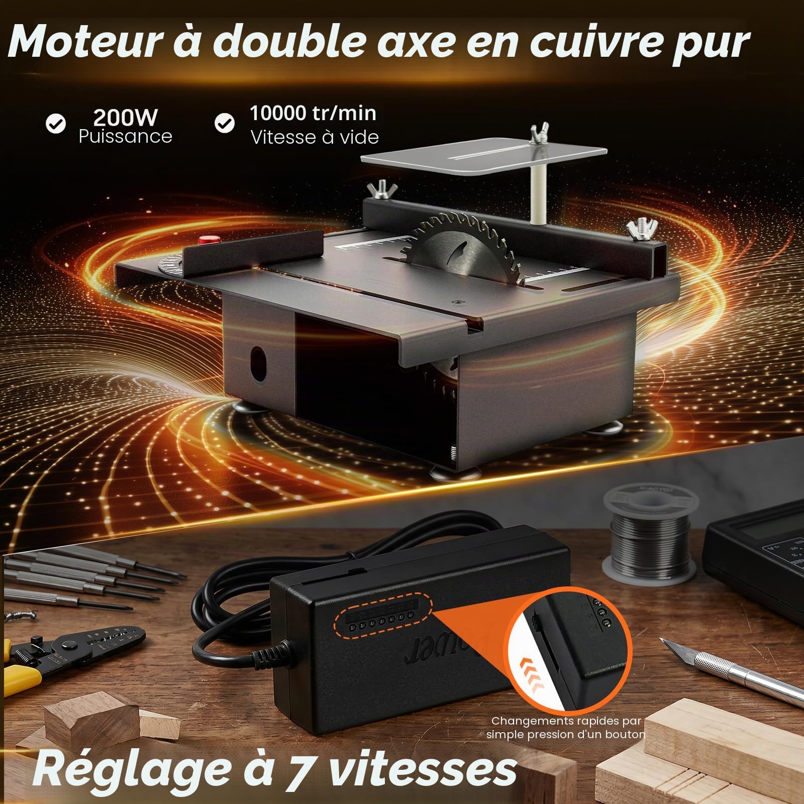 Mini scie circulaire de table multifonctionnelle pour le travail du bois Scie circulaire de table électrique portable de précision pour couper de petites barres de bois, alliage d'aluminium