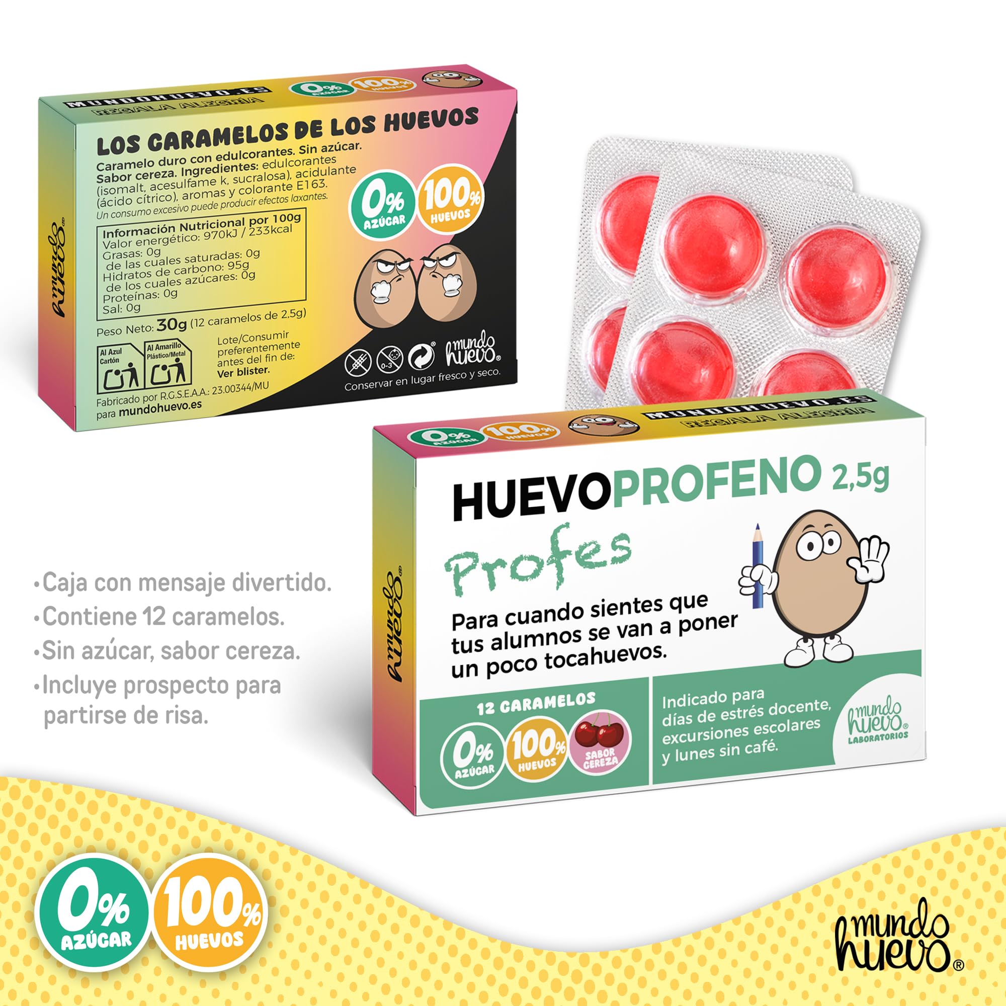 Caramelos de broma HUEVOPROFENO+ Profe | Caja con 12 caramelos sin azúcar sabor cereza | Regalo divertido para profes que dejan huella