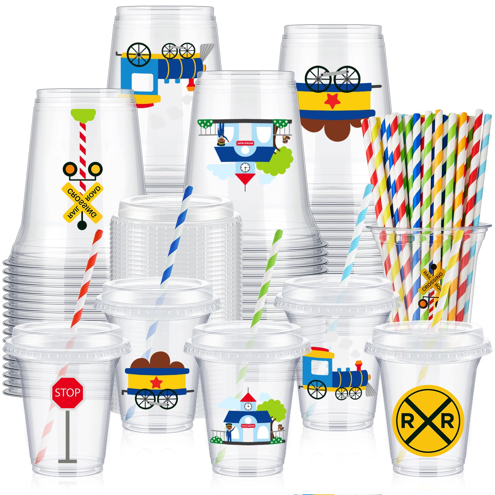 FoldTier 60 Set Train Theme Party Plastic Cups Bulk 14 oz Disposable Clear Cups with Lids and Paper Straws for Trains Party Birthday Supplies Favor