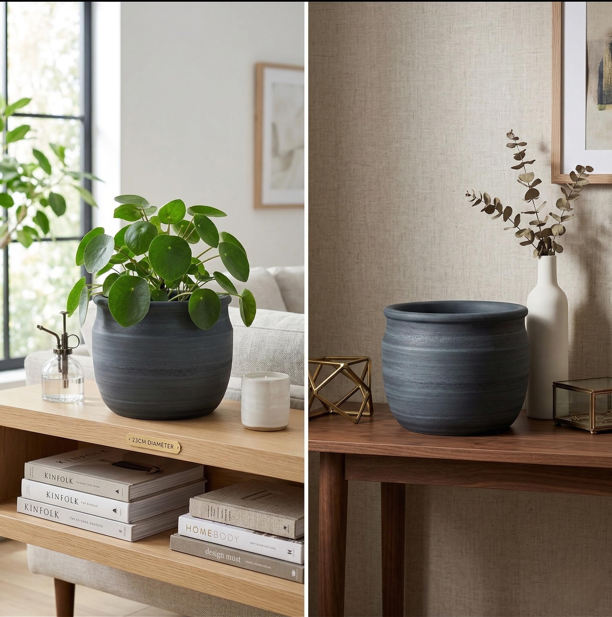 Olly & Rose Duża doniczka na rośliny ze szczotkowanego węgla drzewnego z terakoty szczotkowana – ceramiczna doniczka na rośliny 23 cm do użytku na zewnątrz i wewnątrz do domu i ogrodu
