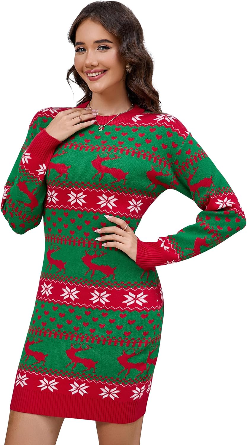 Ugly Christmas Sweater Dress for Women Xmas Crew Neck Pullover Sweater Holiday Knitted Mini Tunic Dress