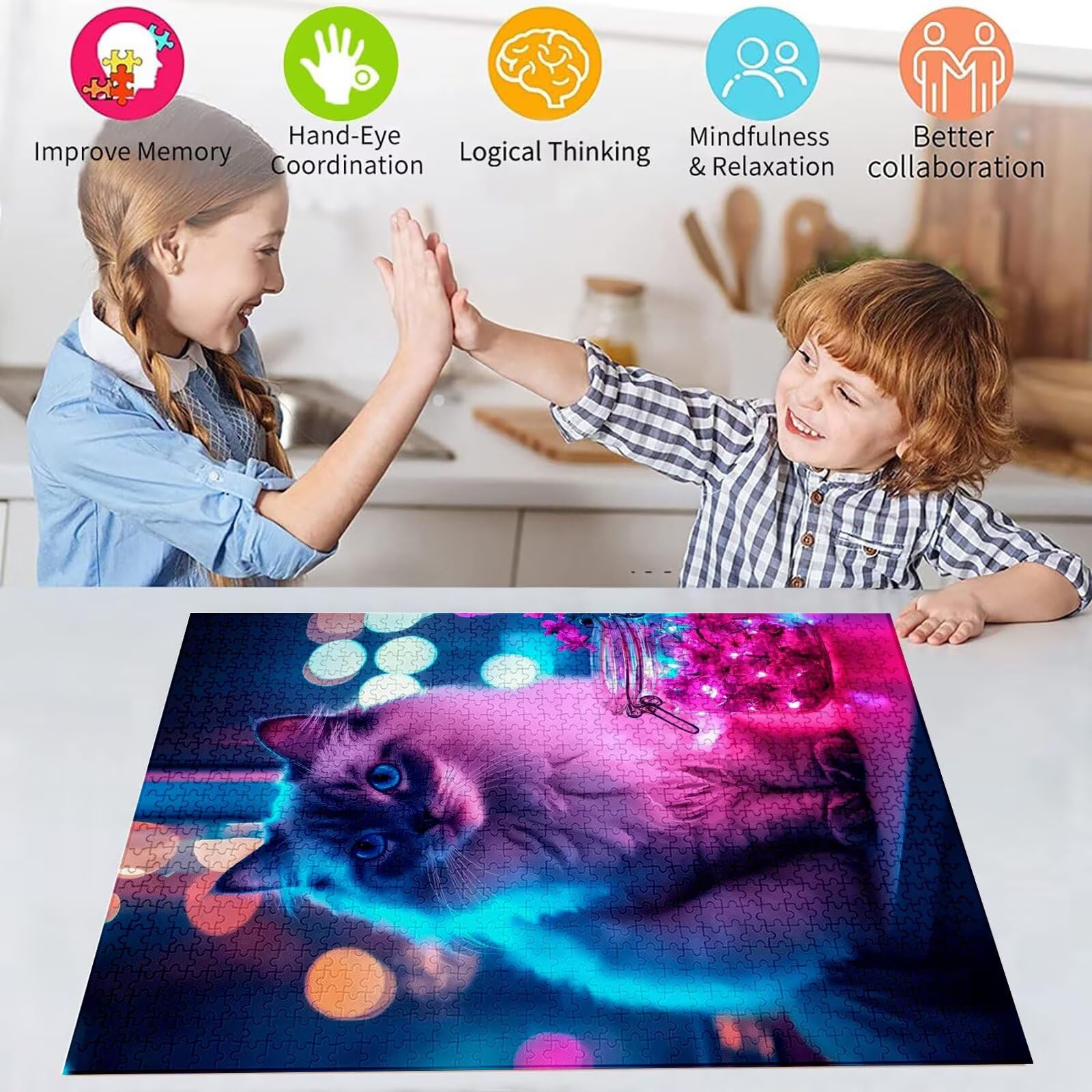 Puzzle kot, 5000 elementów, drewniane puzzle dla dorosłych, wielokolorowe, drewniane puzzle, klasyczne puzzle, zwierzę, drewniana jigsaw dla dorosłych i dzieci w wieku 14 lat, prezent, dekoracja