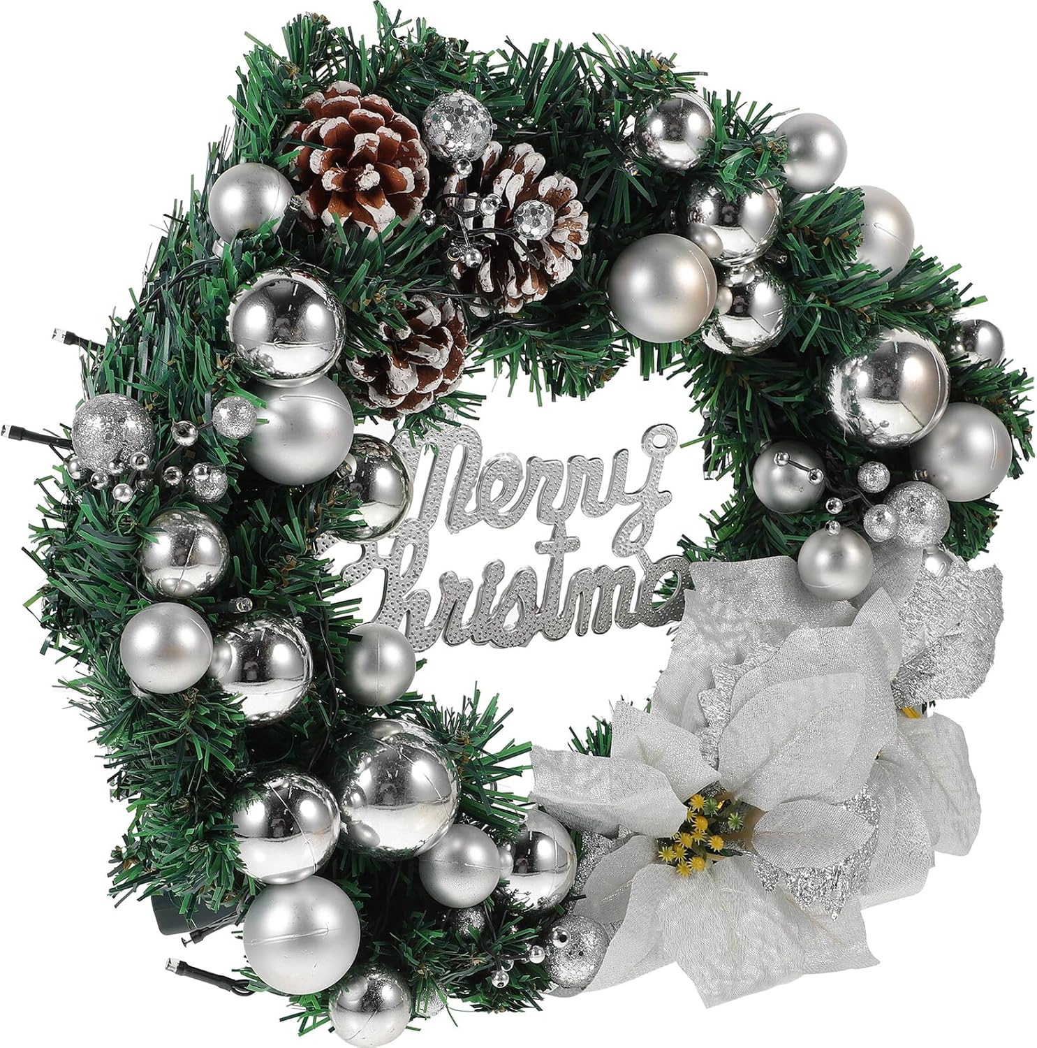 Milisten Artificial LED Christmas Wreath 40cm Silver Light Garland Battery-Operated Hanging Decorative Garland for Bedroom Indoor Holiday and Wedding Décor