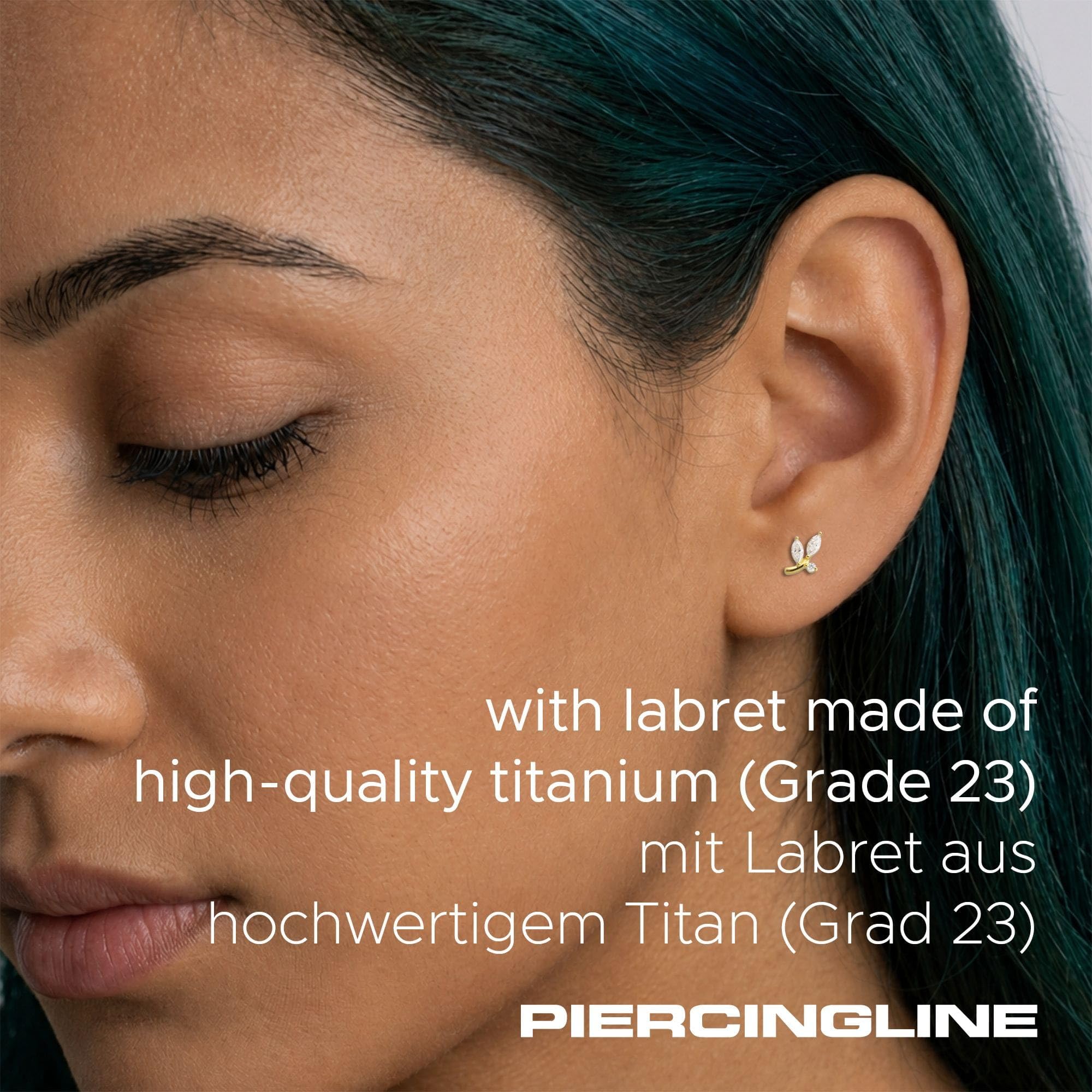 PIERCINGLINE Piercing Stecker Titan Labret mit Innengewinde + 925er Silber Aufsatz MOISSANIT-ZWEIG - Goldfarben, Silberfarben