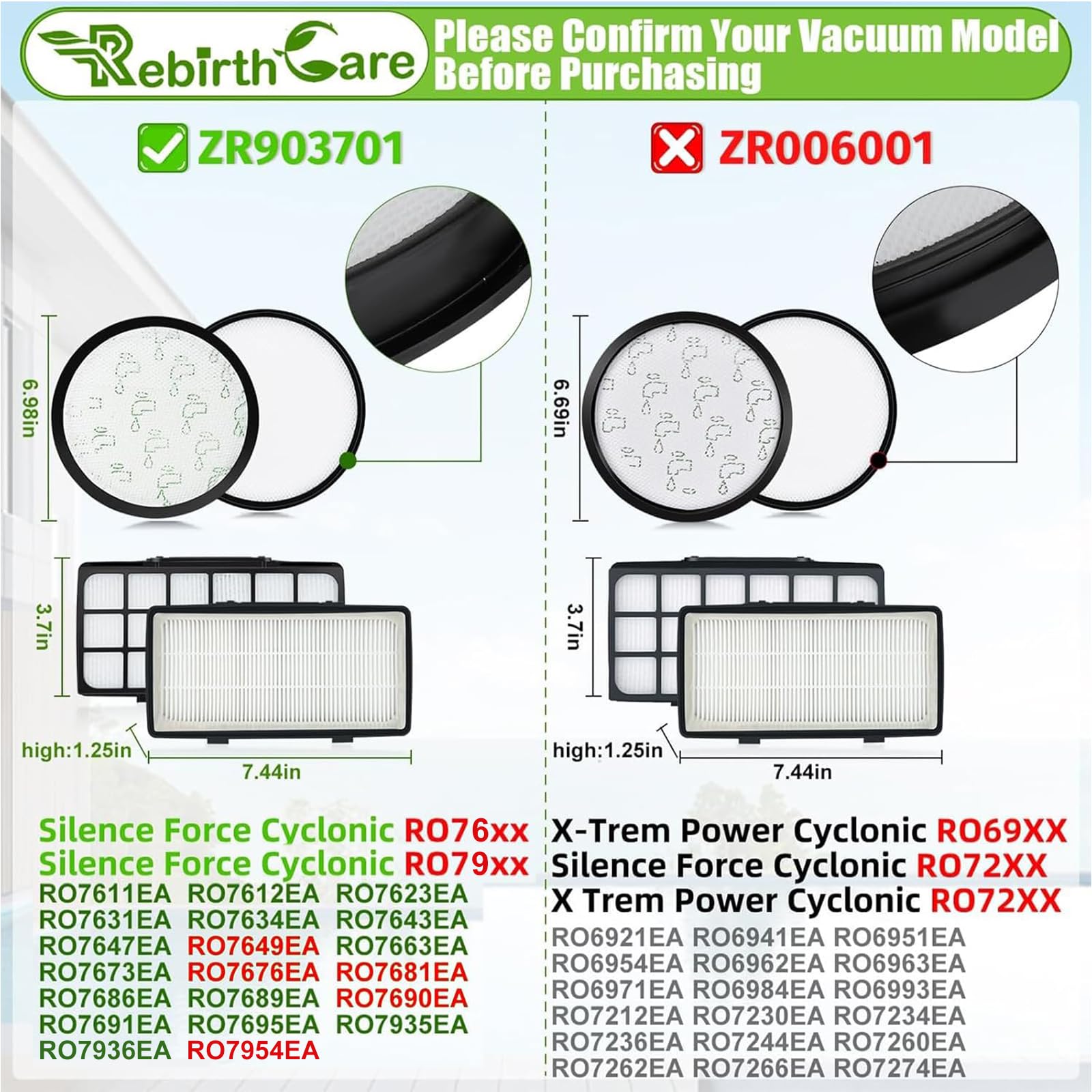Rebirthcare ZR903701 Filtres Pour Rowenta Silence Force Cyclonic RO76xxEA RO79xxEA RO7647EA RO7681EA RO7691EA RO7695EA RO7676EA RO7935EA RO7954EA Filtres de Rechange