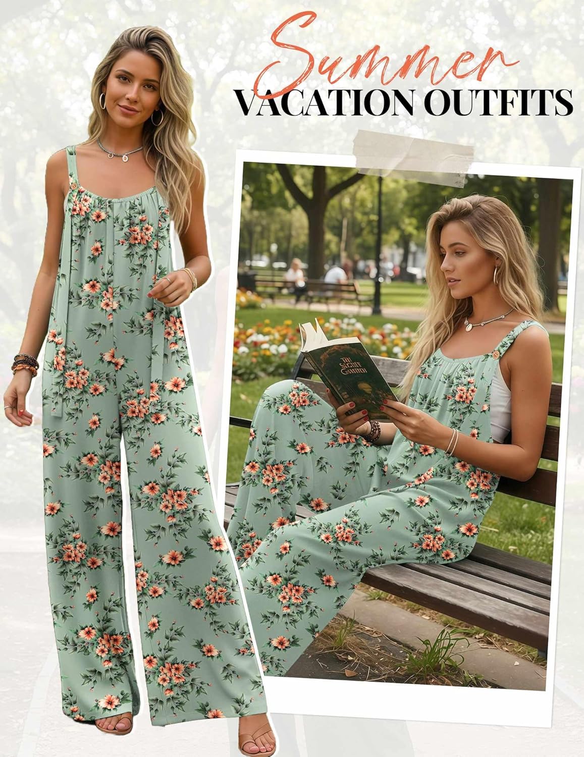 Ekouaer Women's Casual Overalls Boho Floral Loose Wide Leg Jumpsuits Summer Pleated Outfits with Pockets - Image 4