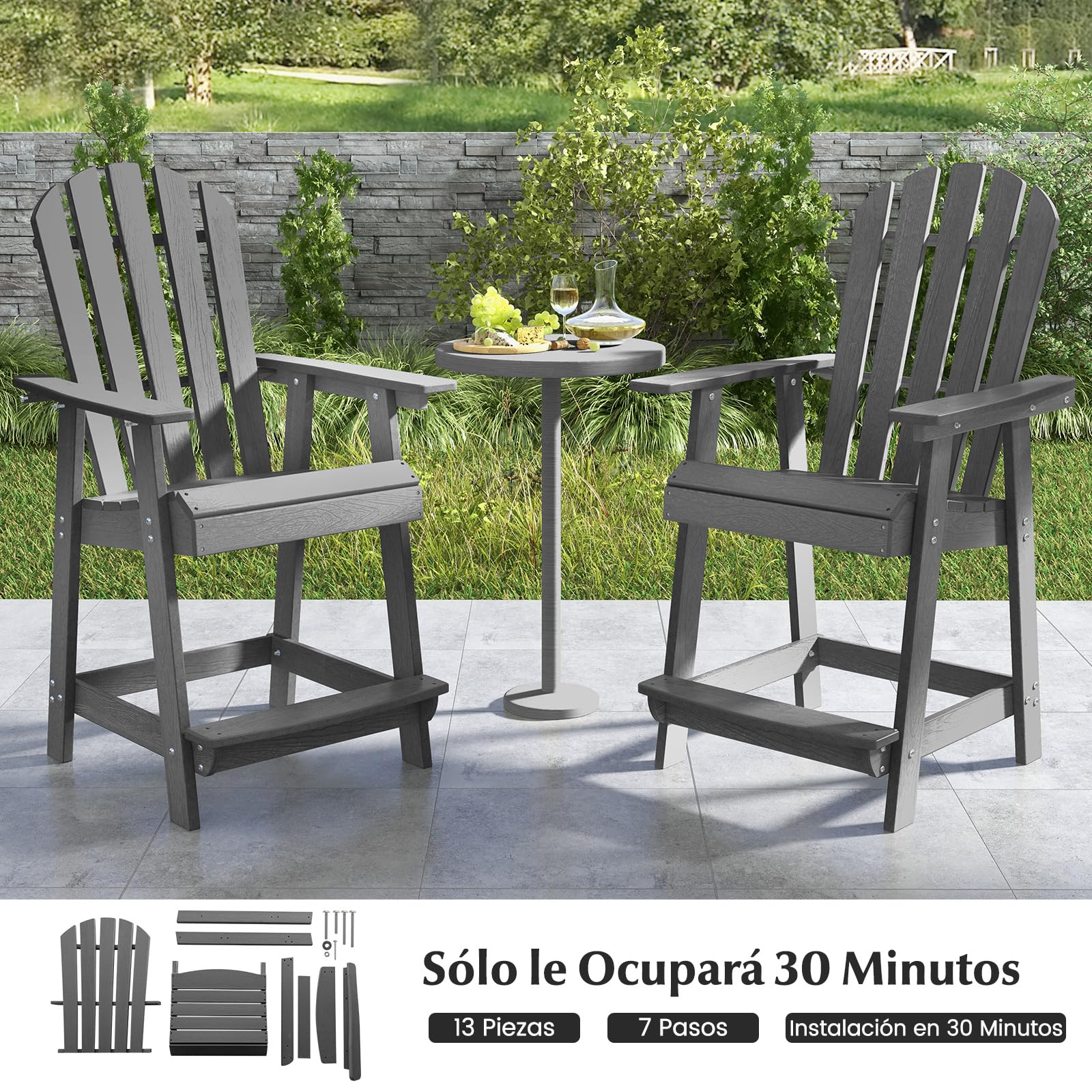 COSTWAY Silla Alta Adirondack HDPE con Reposabrazos y Reposapiés para Interiores Exteriores, Jardín, Piscina, Bar, 70 x 85 x 119 cm (Gris)