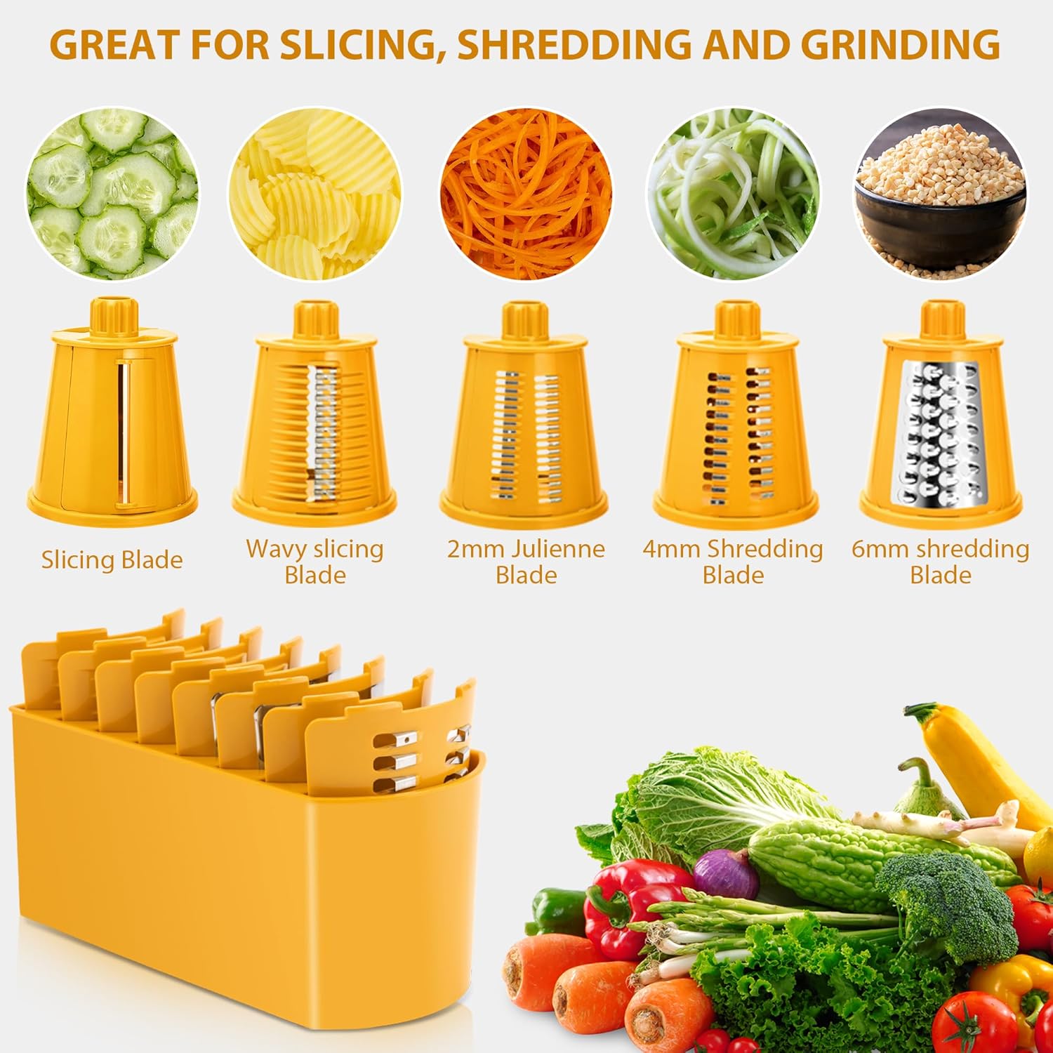 Pukomc Rotary Cheese Grater with Handle- 5 Blades, Suction Base, Mandoline Slicer & Veg Shredder with Blade Storage Box(Yellow)