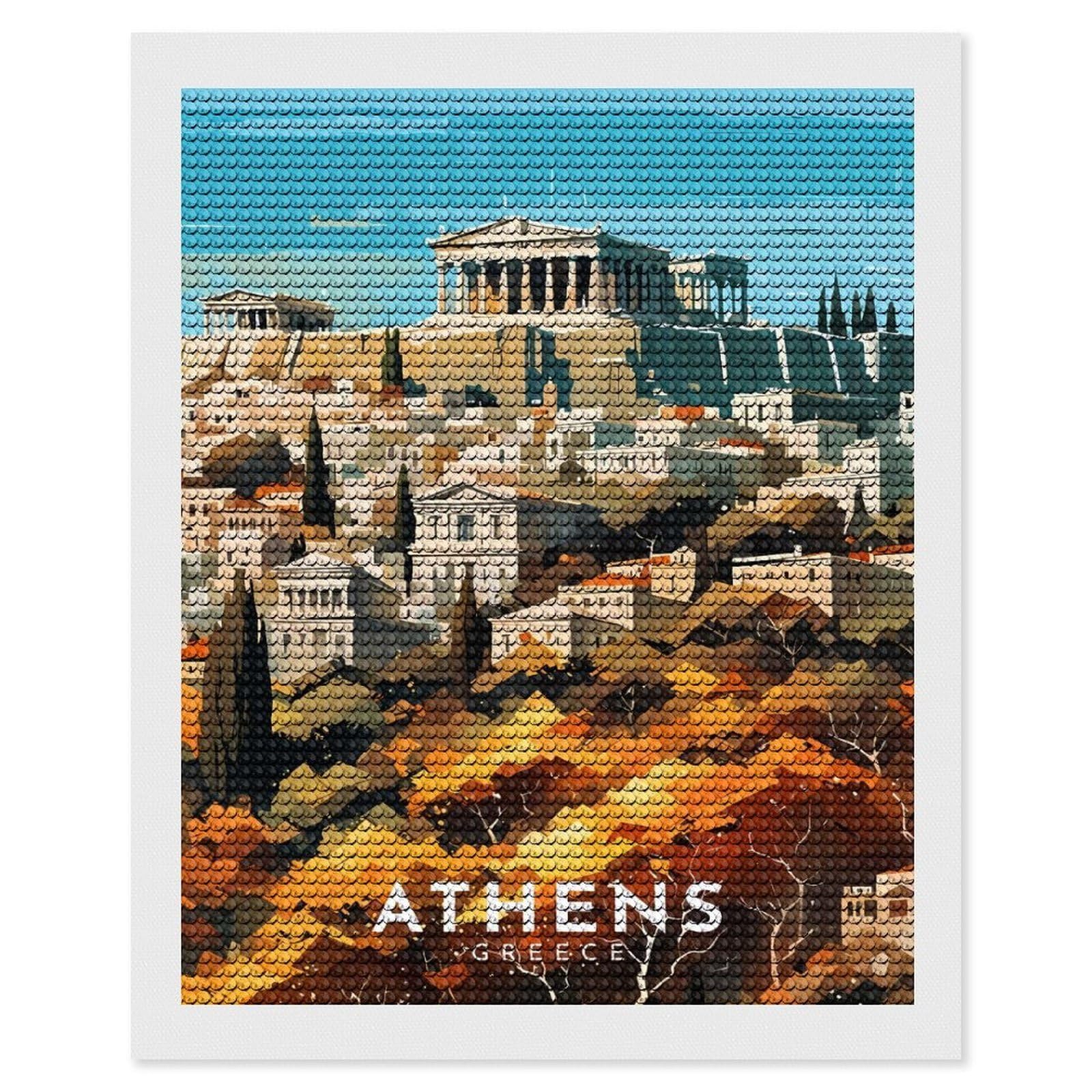 Junmoney Athens, Greece Cityscape Diamond Art Canvas 16"x20", for Adults, Printed Canvas, Home Wall Decor, Gift Idea, Mindful Craft Activity