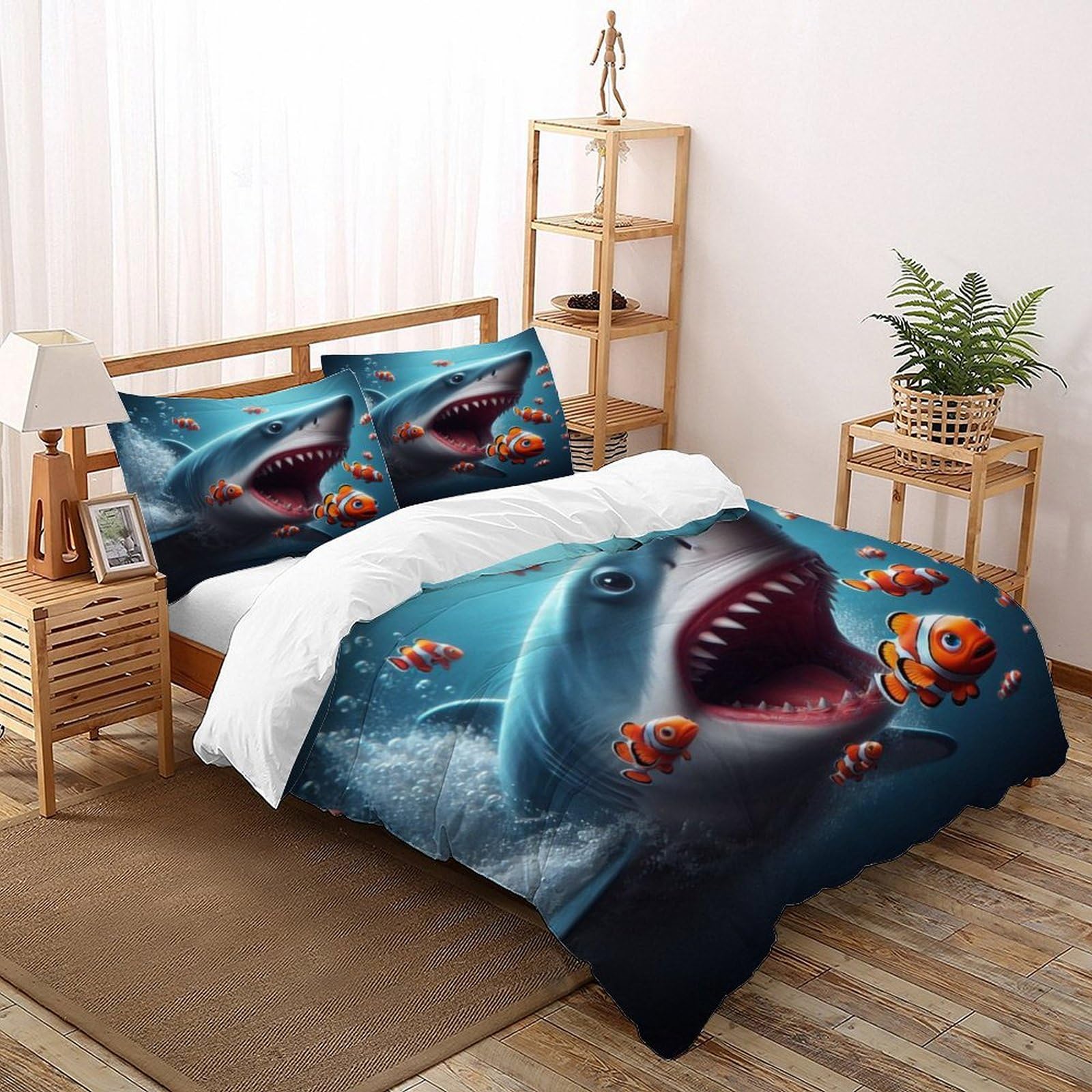 Couvre-lit microfibre requin shark housse de couette parure de lit double 200x200cm animaux