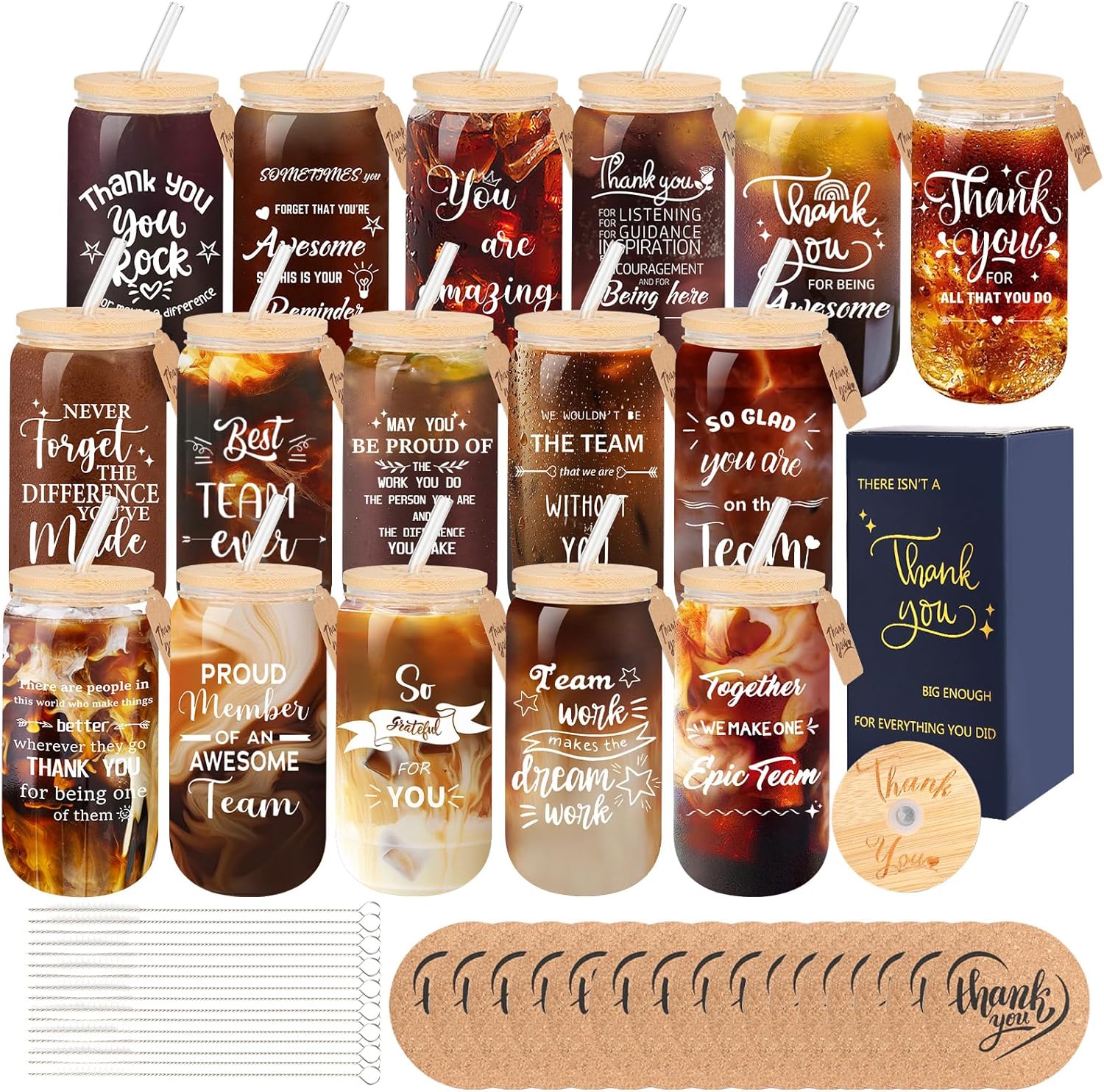16 Set Employee Appreciation Gifts Glass Cups, Thank You Gifts for Staff Coworker 16oz Can Shaped Beer Glass Cups, Gift Box, Hanging Card and Coaster Birthday Gift for Team Women Men Teacher
