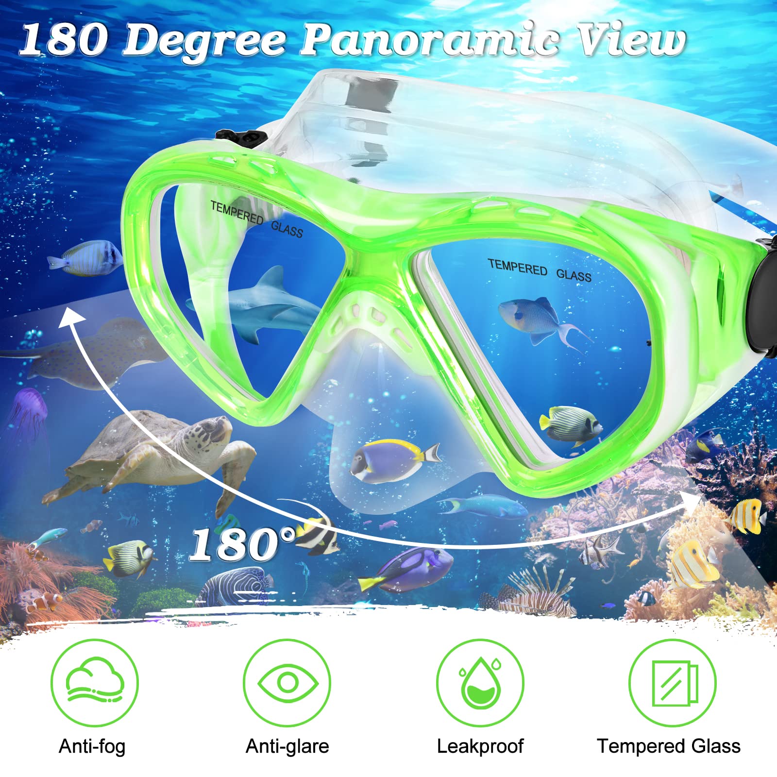 Set di 2 attrezzature per snorkeling per bambini dai 6 ai 14 anni, maschera da snorkeling per ragazzi e ragazze junior occhiali da immersione in vetro temperato