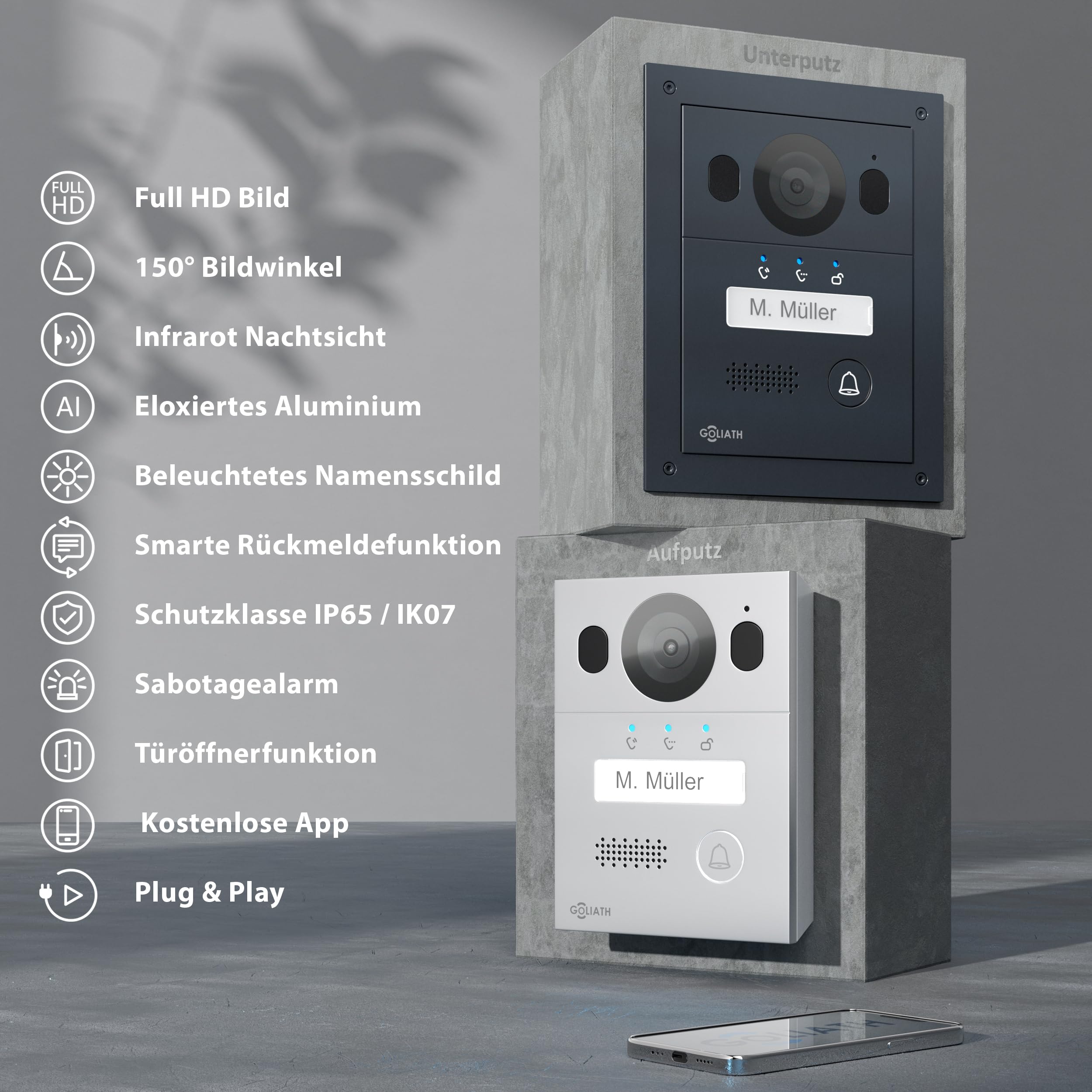 Goliath Basic Video Türsprechanlage, 2 Draht Bus, 7" Monitor, Unterputz Türklingel mit Kamera, Gegensprechanlage mit Türöffner und Klingel, 1 Familienhaus, Plug & Play, Smartphone App