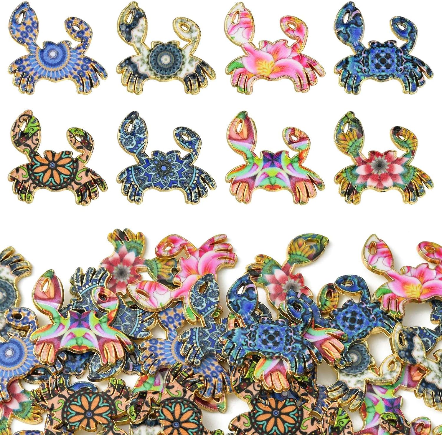 LiQunSweet 40 Pcs 8 Styles Crab with Flower Printed Alloy Charms Ocean Sea Animals with Floral Charms for DIY Jewelry Craft Decoration Keychain