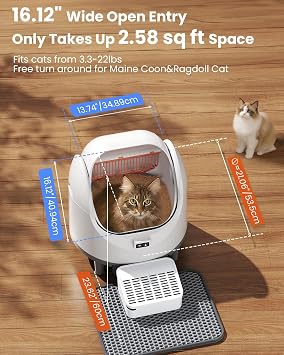 Self Cleaning Cat Litter Tray for Large Cats (22lbs), Automatic Cat Litter Box with APP Control, Open Top Smart Cat Litter Box with 10 Safety Sensors, Odor Control, Weight Tracking & 2 Litter Bags
