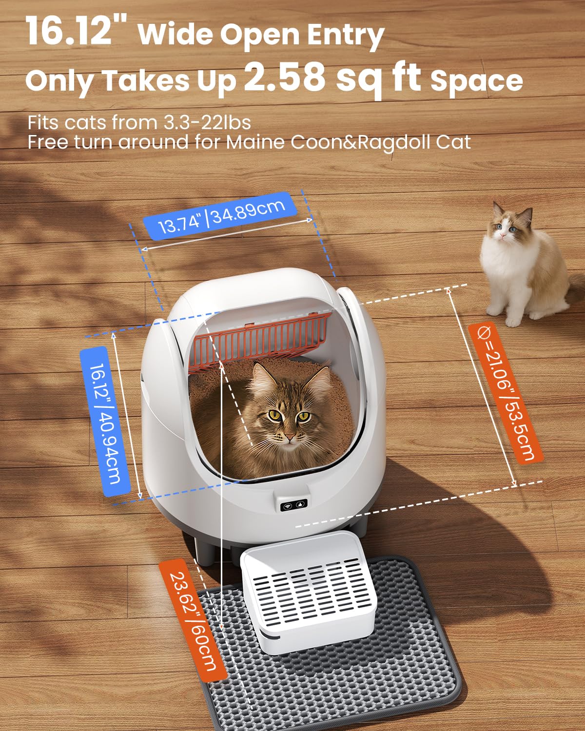 Lettiera per gatti autopulente con parte superiore aperta per gatti grandi (10 kg), Lettiera automatica XL, controllo degli odori, 10 sensori di sicurezza, monitoraggio del peso, lettiera robotica