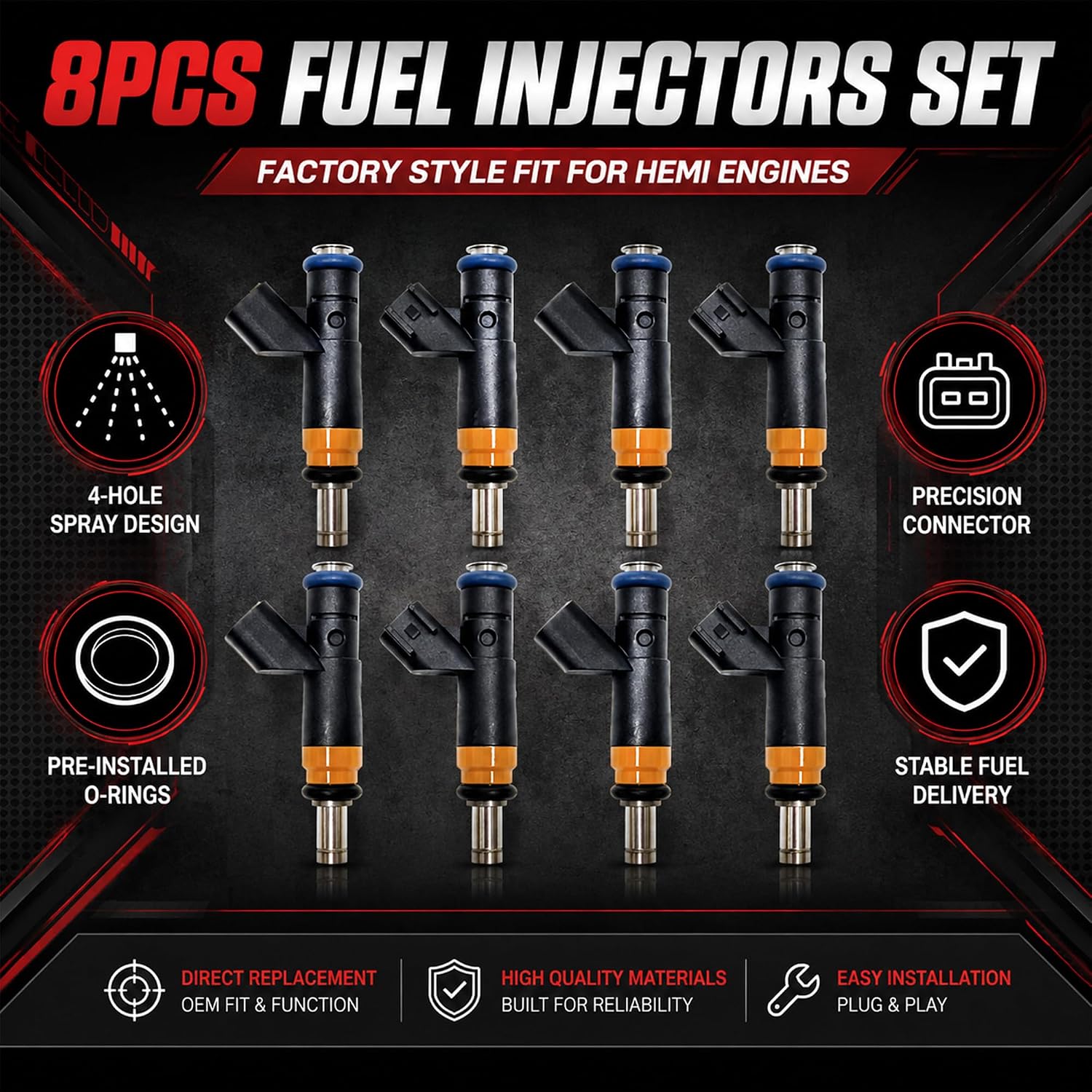8PCS FJ732 Fuel Injectors Compatible with Dodge Challenger Charger Durango Ram 1500 2500 3500, Jeep Grand Cherokee, Chrysler 300, 5.7L & 6.1L Hemi, 4 Holes, Replace 05037479AA