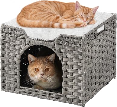 SETVSON Cat Beds Indoor Kitten House, Handwoven Rattan PE Cat Cave, Gray