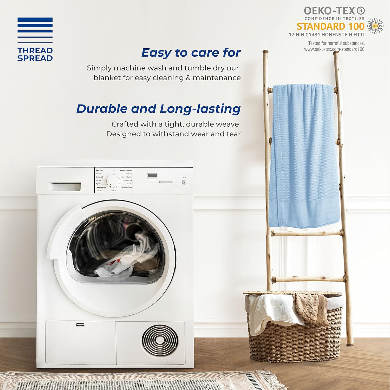 THREAD SPREAD Organic GOTS Cotton Blanket, King/Cal King - 350GSM, Oversized Antistatic, Couch, Bed, Camping & Travel, Luxurious Herringbone All-Season Throw, Light Blue + Stylish Bonus Tote Bag - Image 6