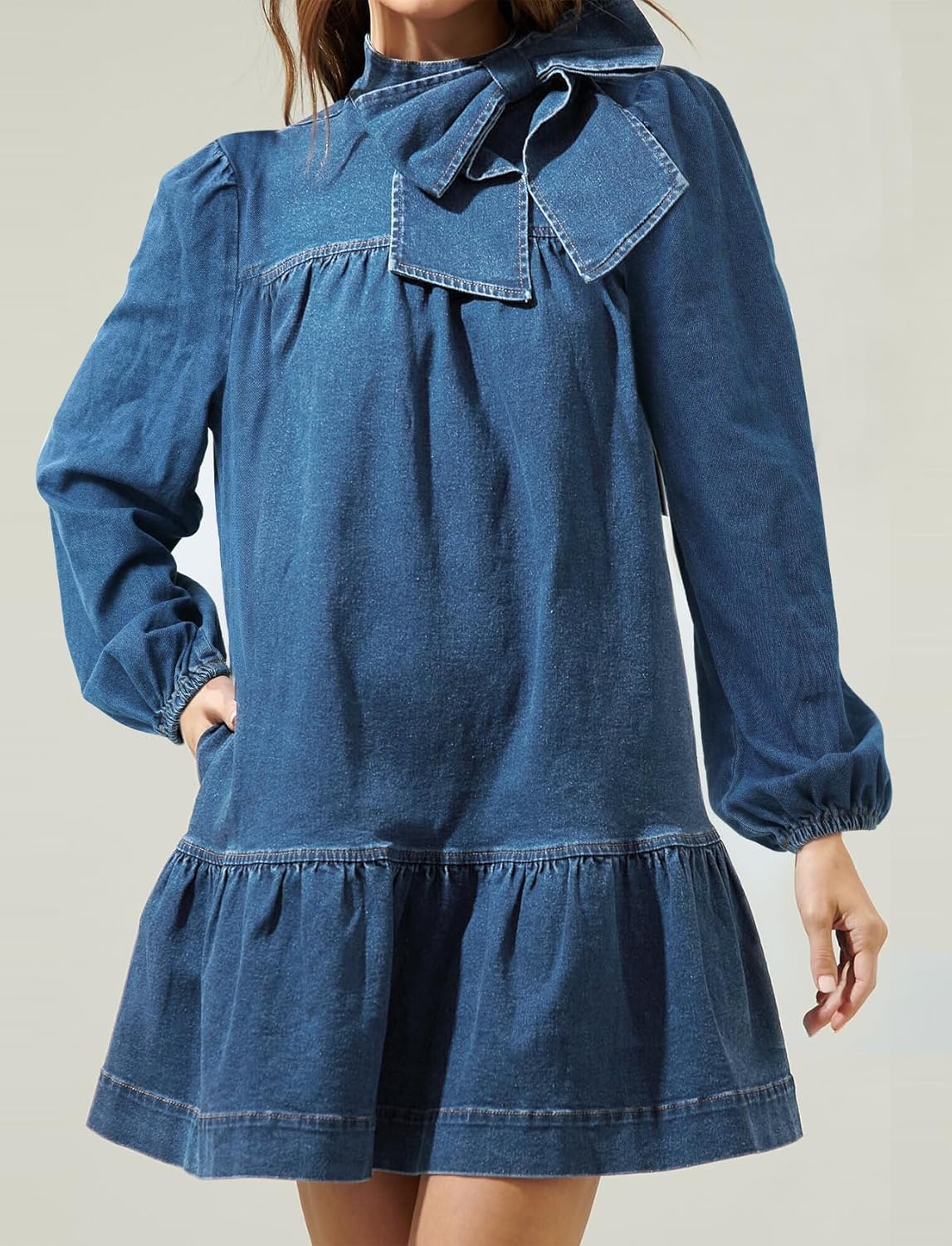 Women's Puff Long Sleeve Denim Dress Ruffle Mock Neck Tiered Mini Babydoll Dress Casual Flowy Swing Jean Dresses - Image 4