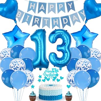 13th Birthday Decoration - Blue Cake Decoration for Boys and Girls Party Decoration Set with Birthday Decoration