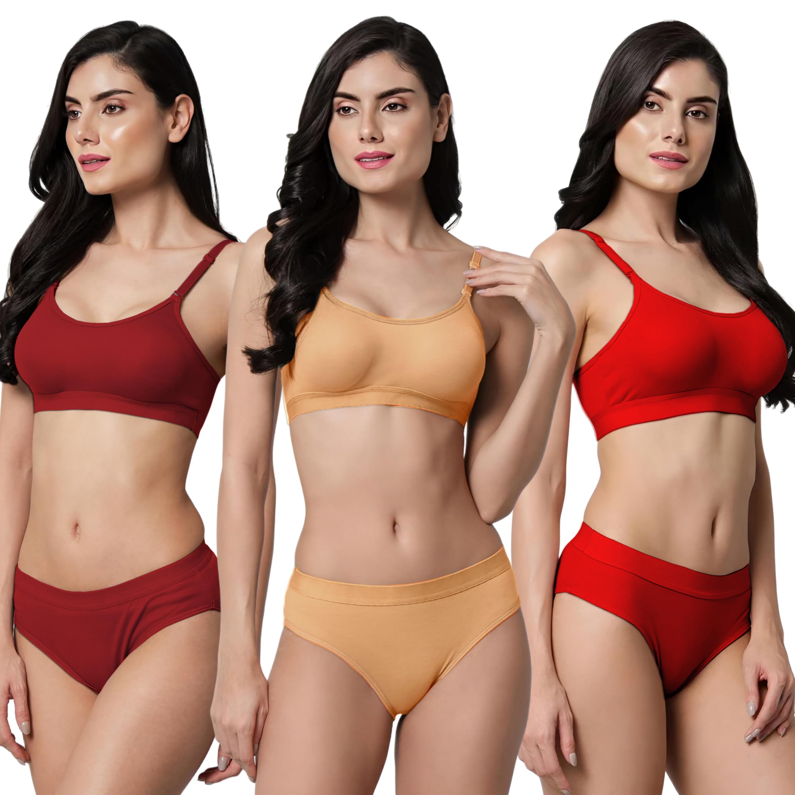 Sports Bra Panty Set for Women, Combo Pack of 3 | Lingerie Set for Women (Maroon, Gold, Red)