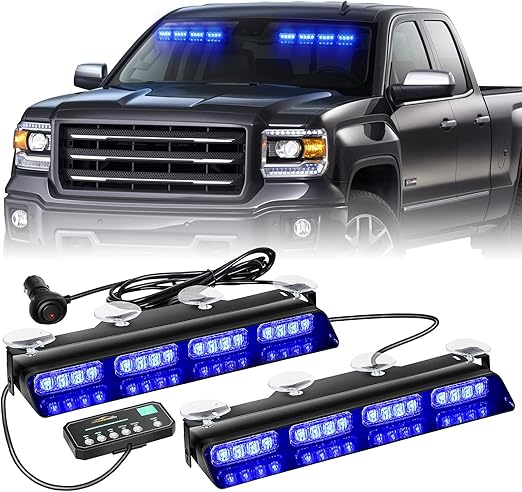 XRIDONSEN Emergency Dash Strobe Lights Safety Flashing Warning Hazard Interior Front/Rear Windshield Deck Split Light Bar w/Suction Cups for Police Ambulance Vehicles Trucks( 2x14 inch, Blue )