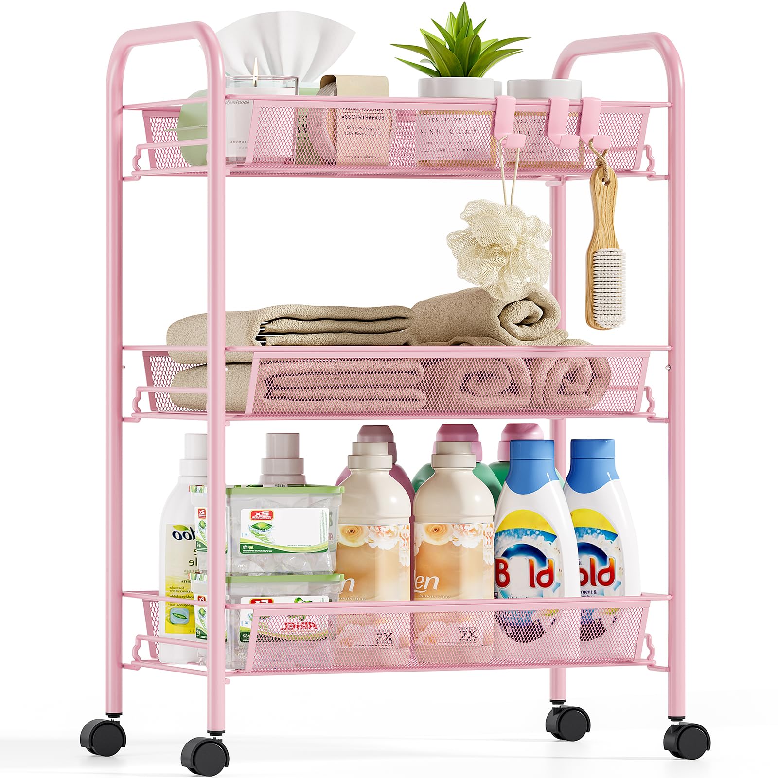 Urackify Chariot de Cuisine a 3 Niveaux pour Salle de Bain, Cuisine et buanderie. Métal résistant à la Rouille, Panier en Maille Respirante et Crochets latéraux Inclus. Facile à Installe, Rose
