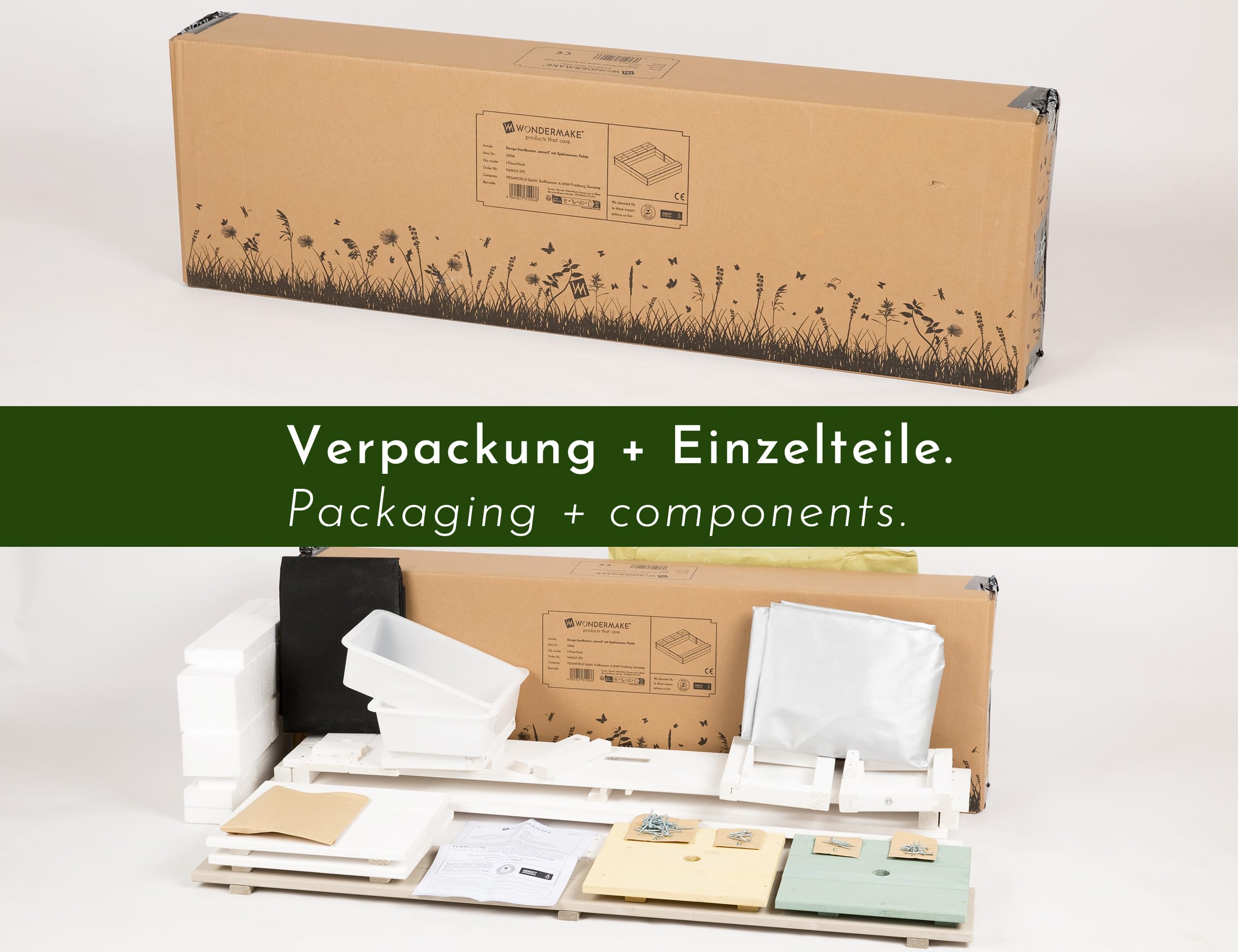 Design Sandkasten mit Matschküche, Abdeckung Oxford 420D, Vliesfolie, Sandkiste Holz quadratisch verschließbar Outdoor Garten für Kinder, weiß bunt
