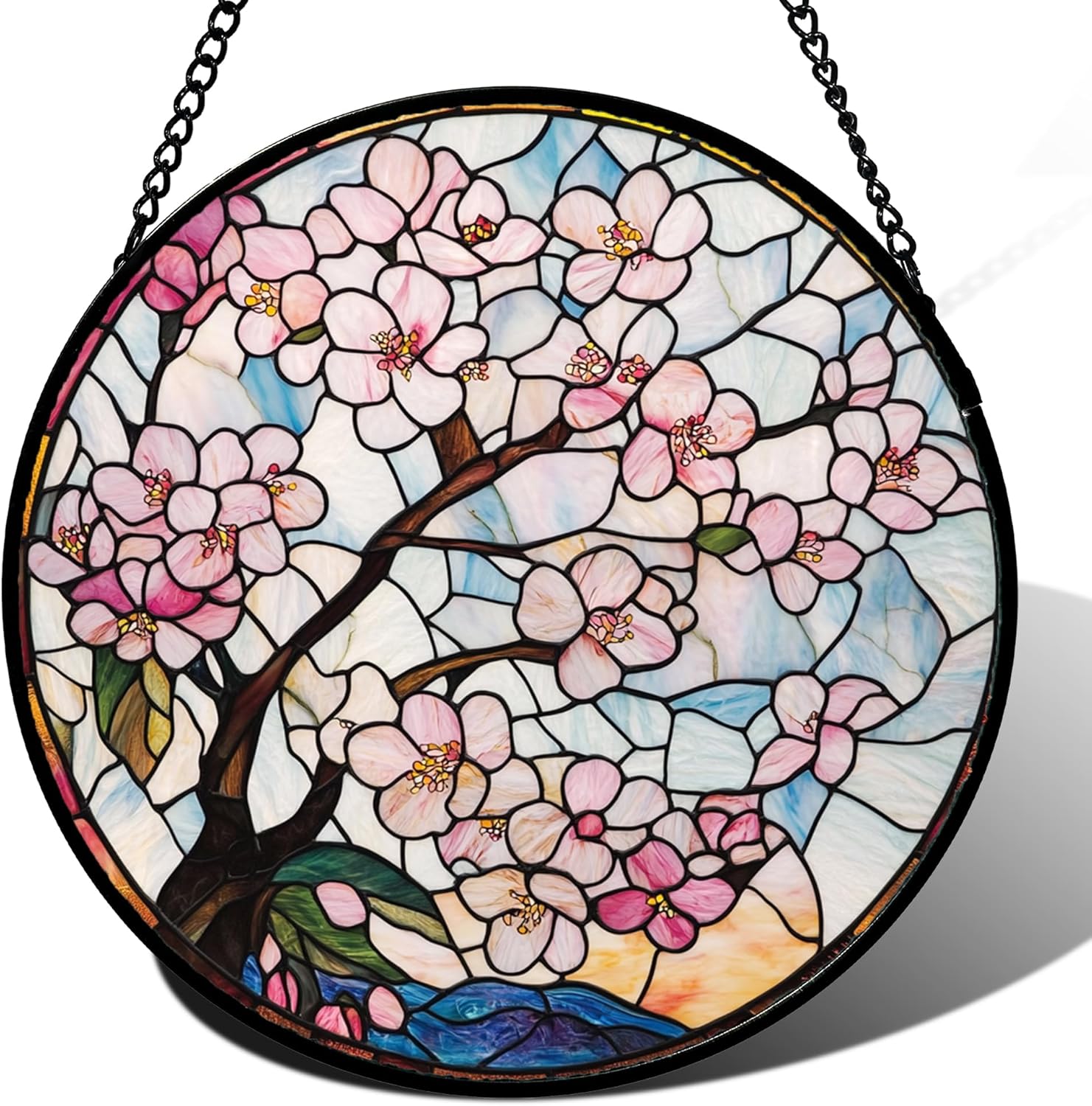 Stained Glass Window Hanging - Cherry Blossoms Suncatcher for Door Garden Home Decor Pink Flowers Sun Catcher Christmas Birthday for Friend Lovers Women Mom Nana 11.8 in