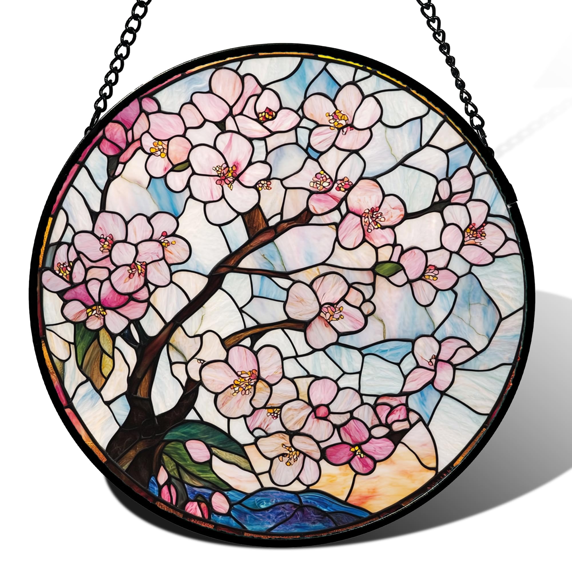 Stained Acrylic Puzzle Suncatcher,7.4in Pink Cherry‑Blossom Floral Garden Window Xmas Birthday Gift
