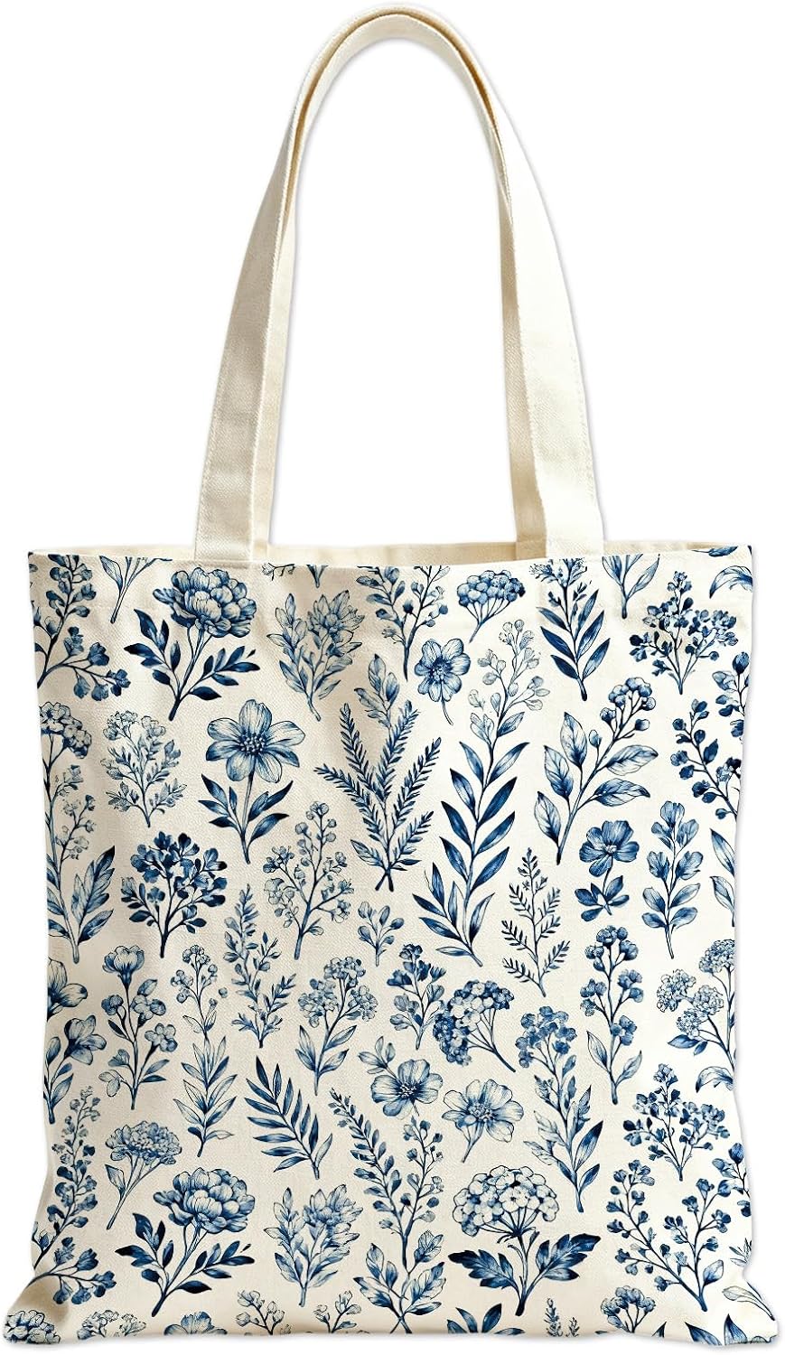 Aesthetic Canvas Tote Bag for Women, Reusable Grocery Shoulder Bag for Work, Floral Cute Tote Bags for Gym, Travel, Gifts Bags for Friends, 14 * 15 in, 1PCS