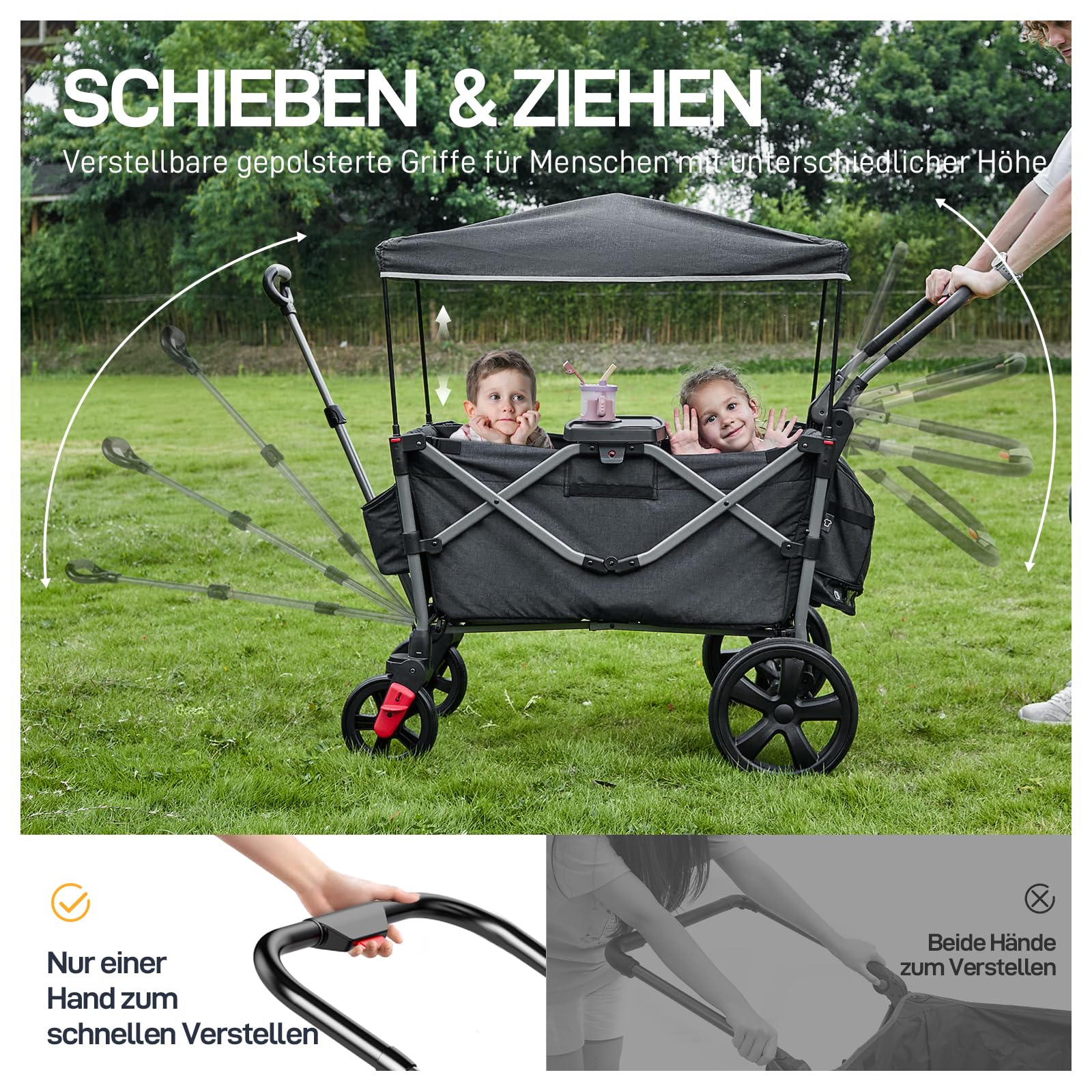 EVER ADVANCED Bollerwagen für 2 Kinder Faltbar mit Dach, Kinderwagen 2x5 Punkt Sicherheitsgurt mit Wickelrucksack, Bollerwagen mit Sitz, Handwagen Transportwagen, Ziehen & Schieben, Fußbremse