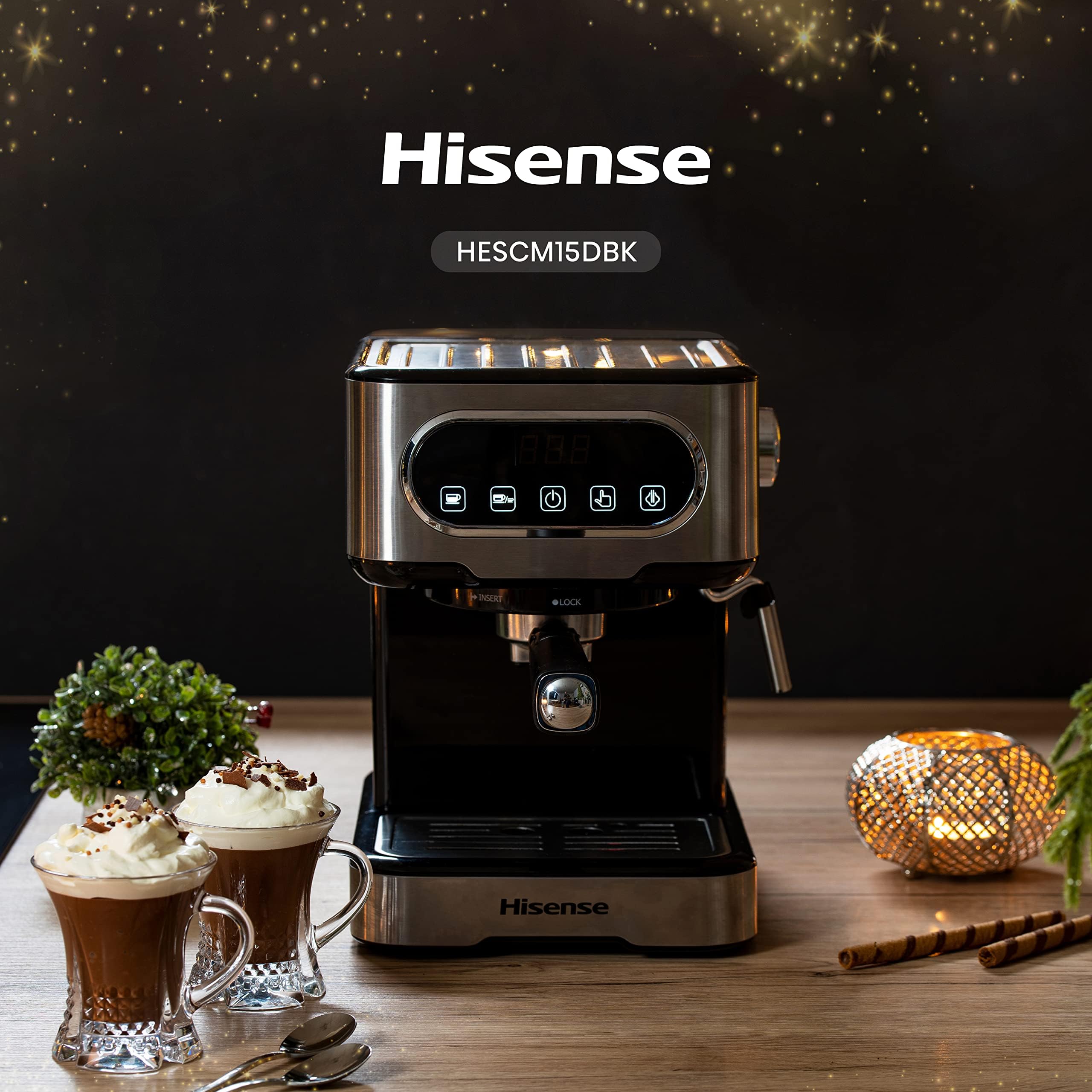 Hisense, HESCM15DBK, Machine à expresso manuelle, moulue et compatible avec dosettes ESE 44 mm, Mousseur à lait automatique et manuel, pression 15 bar, écran tactile, 1100W, Silver, 27,4 x 30 x 27,2