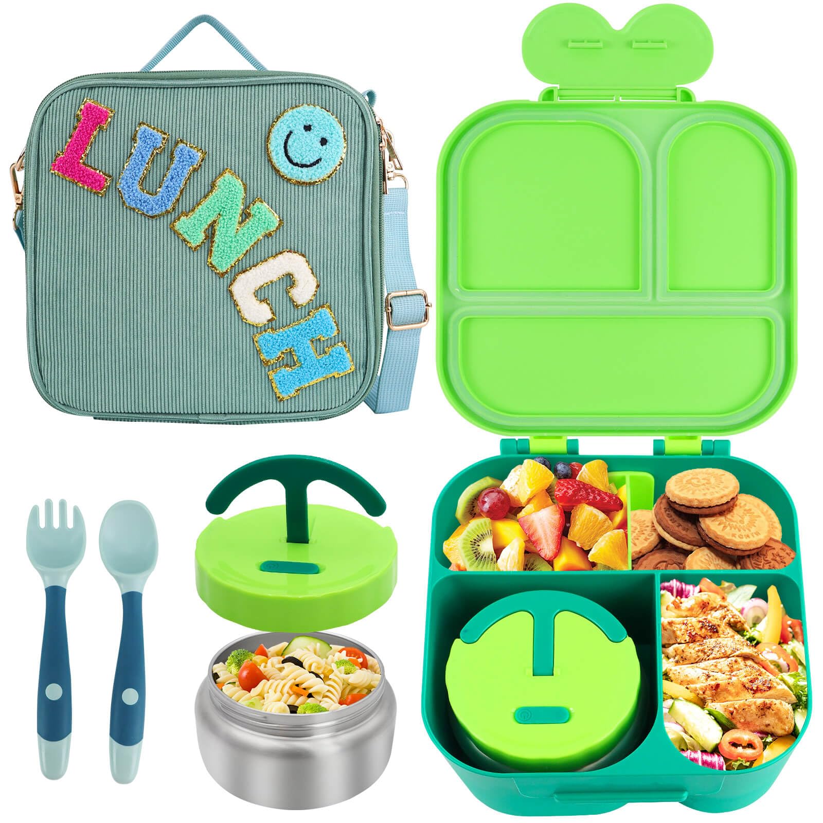 Lunch Box with Bento Box, with Leak Proof Thermo Food Jar, Preppy Corduroy Insulated Lunch Bag for Boys Girl Kids Teens School Travel Picnic