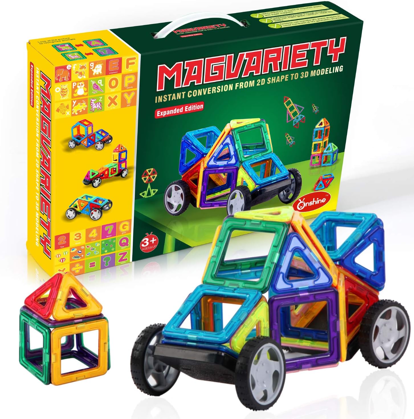MAGVARIETY 3D Magnetic Building Blocks, 120 Pcs Set Large Tiles, Learn Shapes Colors Alphabets & Numbers STEM Develop…