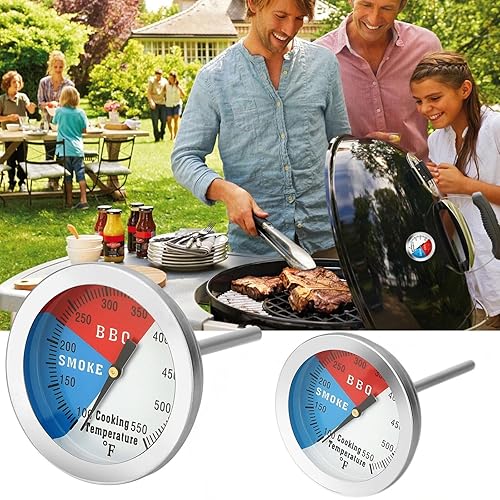 Miniatura 5 de Termómetro para ahumar barbacoa, indicador de temperatura de dial de 2 pulgadas con indicador de calor y grados Fahrenheit, sonda de acero