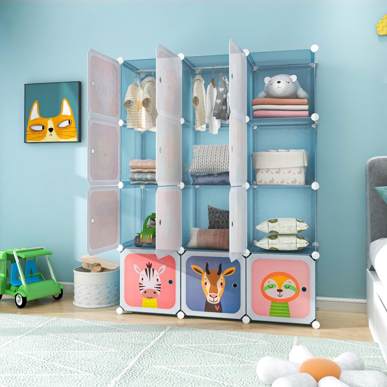 RELAX4LIFE Armadio Modulare a 8/12 Cubi per Bambini con 2 Barre Appendiabiti, 8/12 Ante, Mobile Salvaspazio per Cameretta e Asilo Nido, Portata di Ogni Cubo 10 KG (Animale-12 Cubi,Blu)